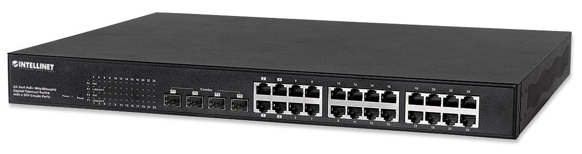 Intellinet 24-Port Gigabit Ethernet PoE+ Web-Managed Switch with 4 SFP Combo Ports, IEEE 802.3at/af Power over Ethernet (PoE+/PoE) Compliant