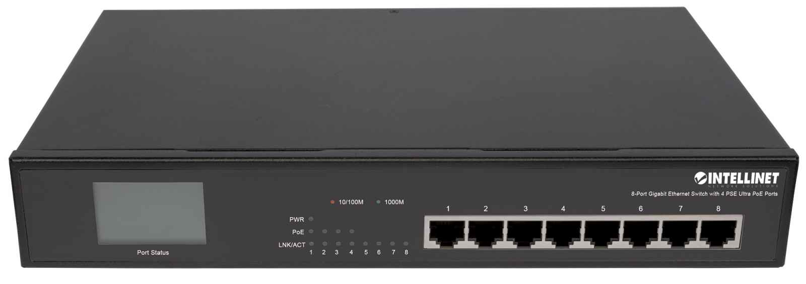 Intellinet 8-Port Gigabit Ethernet Switch with 4 Ultra PoE Ports and LCD Screen