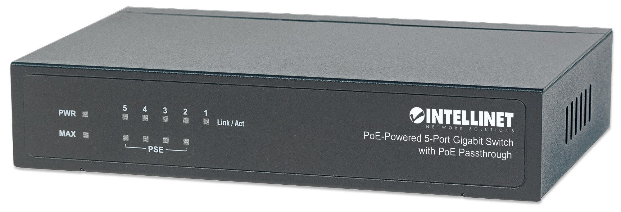 Intellinet 5-Port Gigabit Switch with PoE Passthrough, 4 x PSE PoE ports, 1 x PD PoE port, IEEE 802.3at/af Power-over-Ethernet (PoE+/PoE), IEEE 802.3az Energy E – image 1