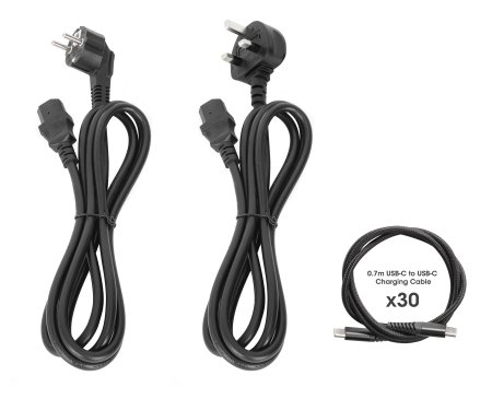 Manhattan USB-C-laadtrolley voor 30 apparaten, 30 W per poort, iPad tot 13", MacBook Air tot 13" en Chromebook tot 14"; ook tablets/smartphones, vakken 404 × 27,6 × 283 mm, USB-C-laadkabels inbegrepen, afsluitbaar