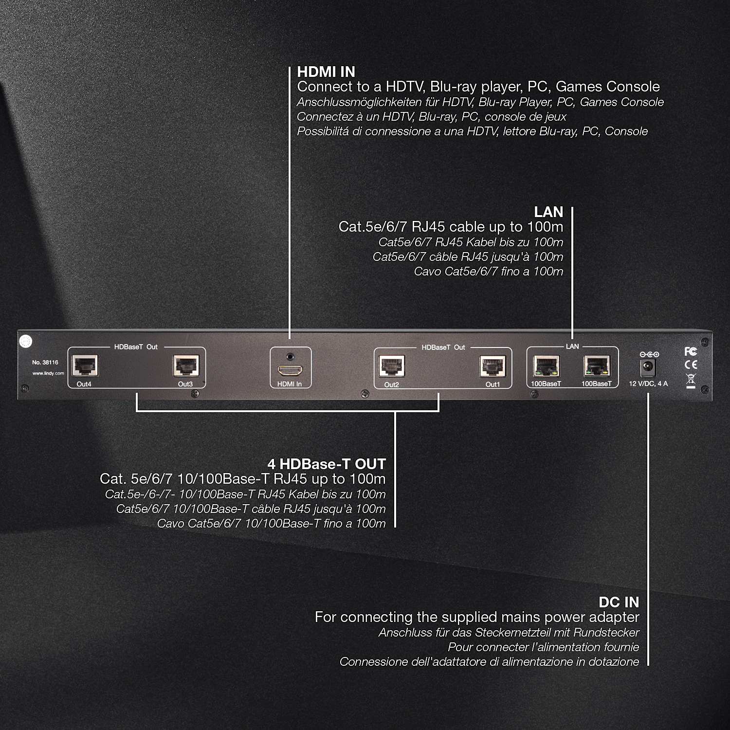 Lindy 100m C6 HDBaseT 4 Port HDMI & IR Splitter Extender – image 2
