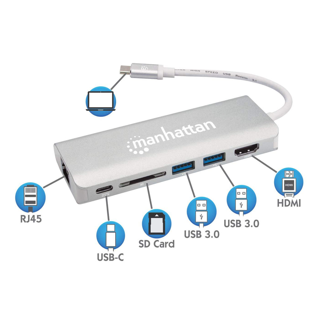 Manhattan USB-C Dock/Hub with Card Reader, Ports (x5): Ethernet, HDMI, USB-A (x2) and USB-C, With Power Delivery (60W) to USB-C Port (Note additional USB-C wall – image 7