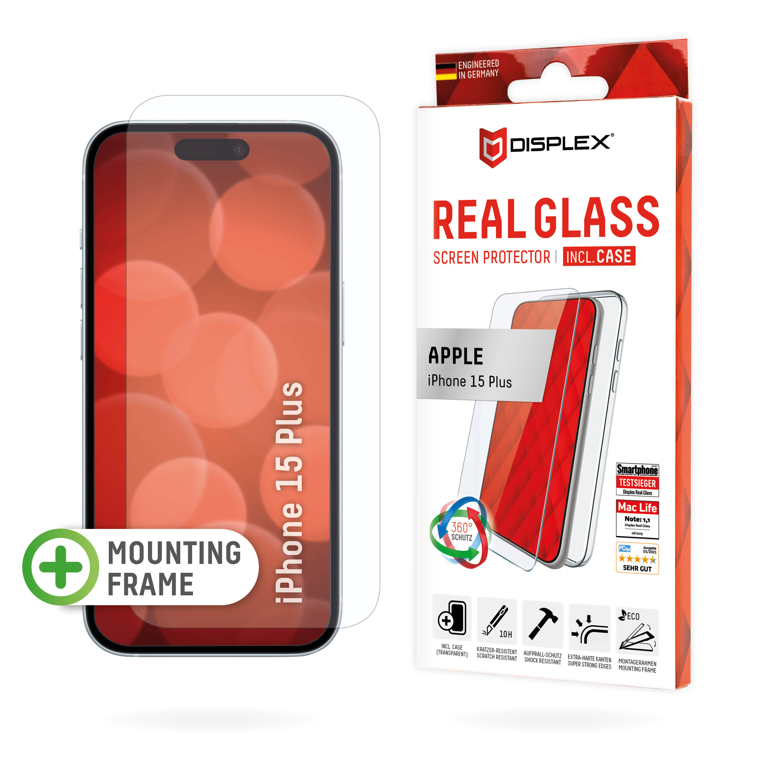 Displex Screen Protector + Case for Apple iPhone 15 Plus, Eco Mounting Frame, scratch resistant