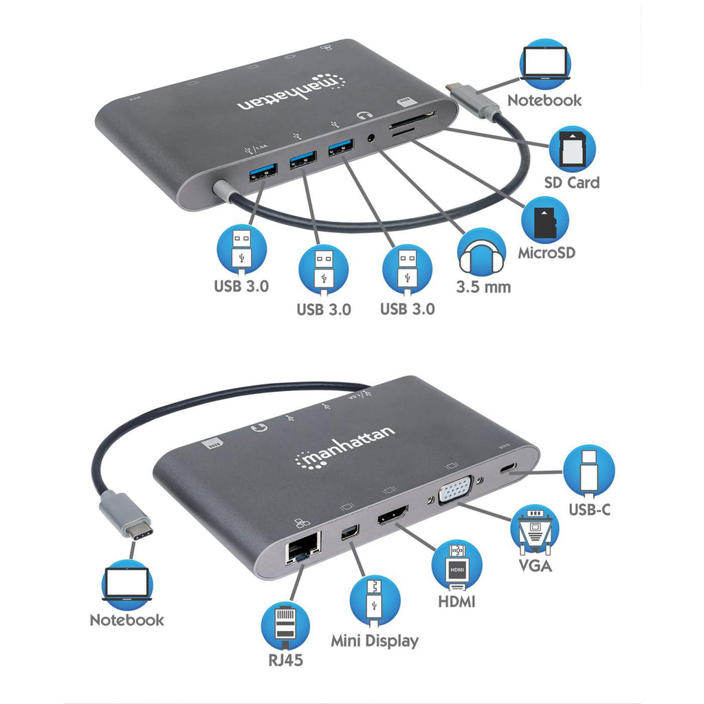 Manhattan USB-C Dock/Hub with Card Reader, Ports (x8): HDMI, Audio – image 9