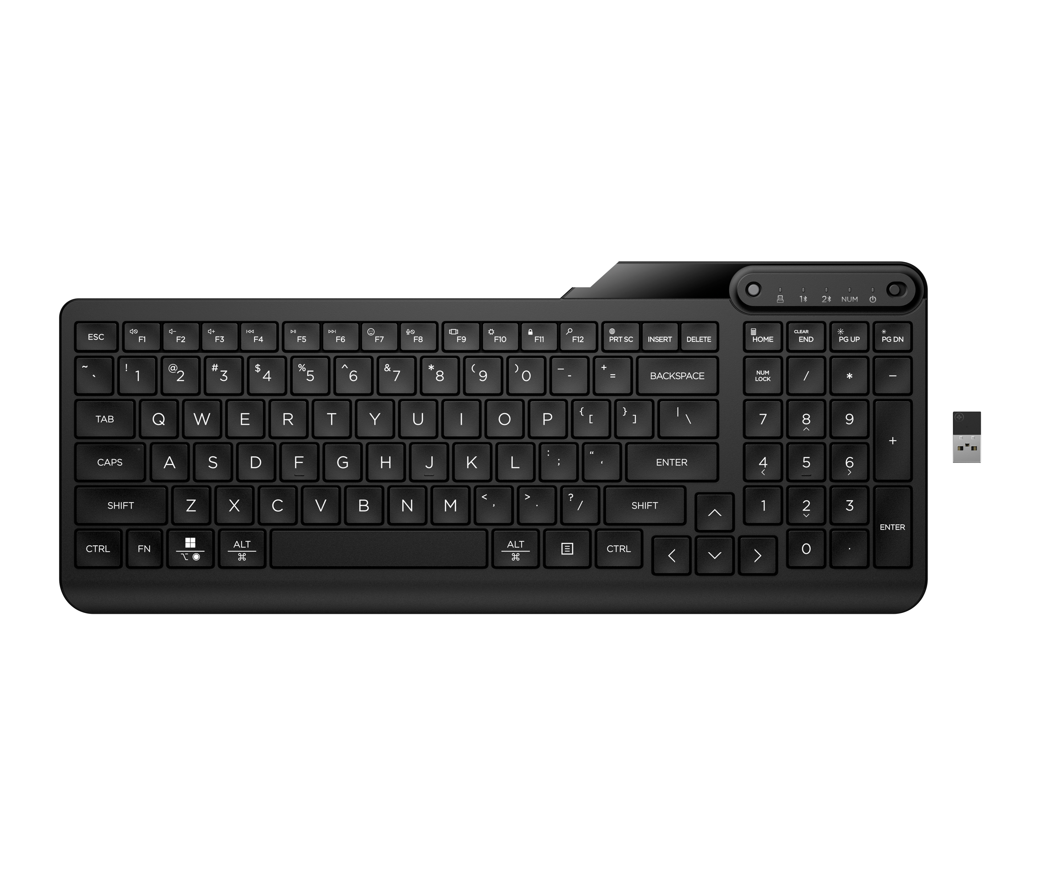 HP 475 - Keyboard - dual-mode, multi-device, compact, 2-zone layout, low profile key travel, 12 programmable buttons - wireless - 2.4 GHz, Bluetooth 5.3 - UK - jet black