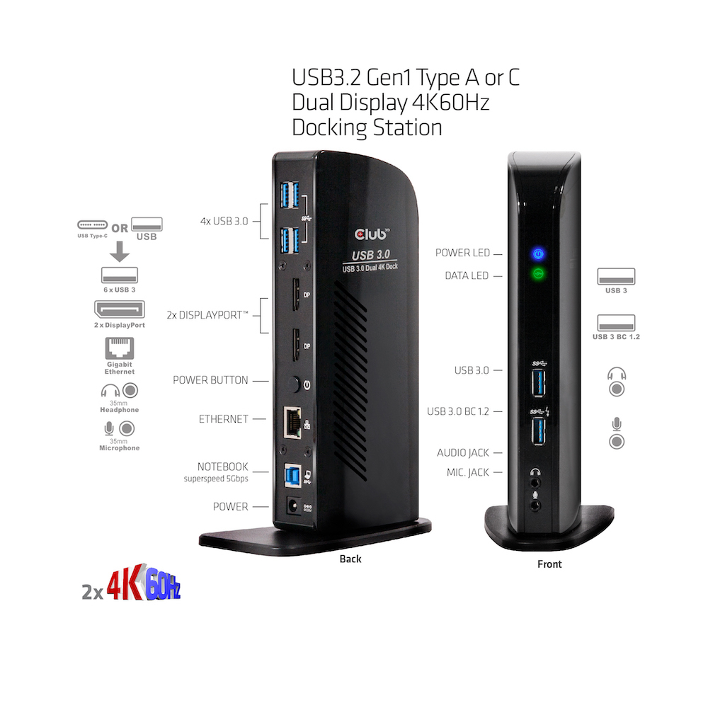 CLUB3D USB3.2 Gen1 Type A or C Dual Display 4K60Hz Docking Station DisplayLink® Certified – image 4