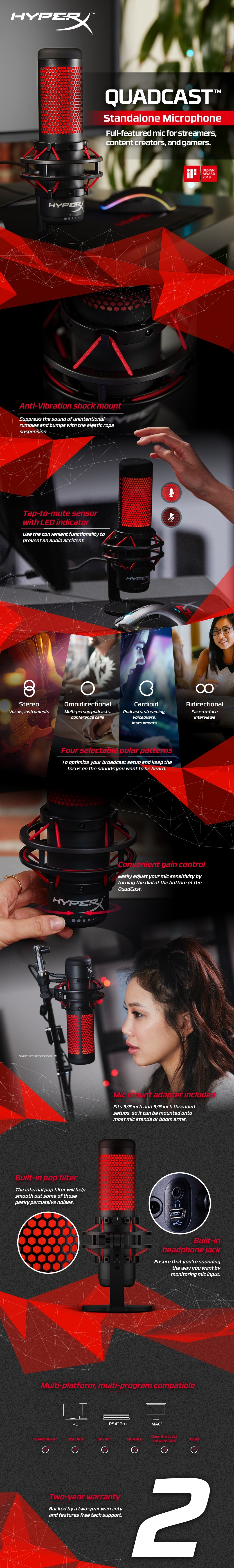 HyperX QuadCast - USB Microphone (Black-Red) - Red Lighting – image 9