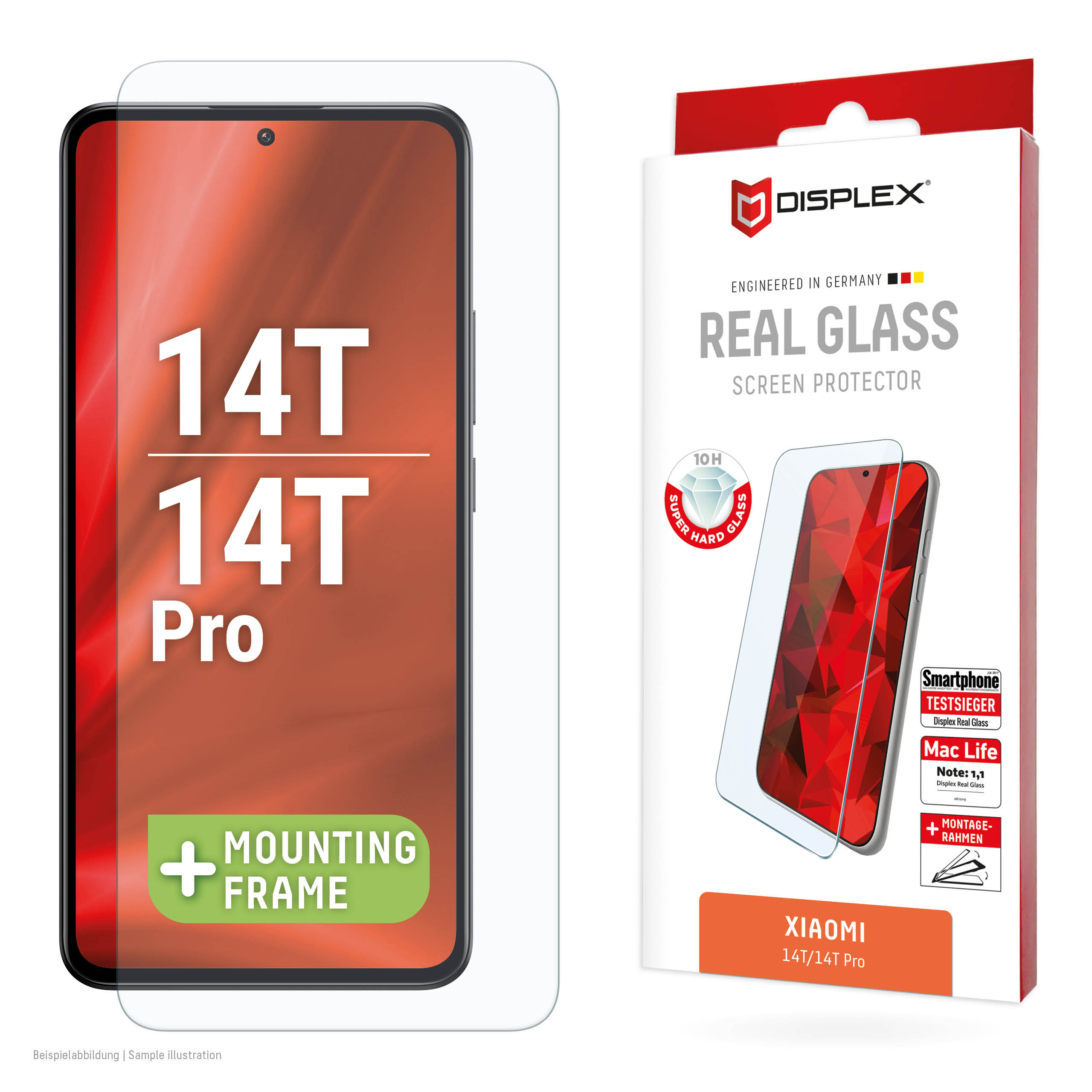 Displex Screen Protector (10H) for Xiaomi 14T, 14T Pro, Eco Mounting Frame, scratch resistant
