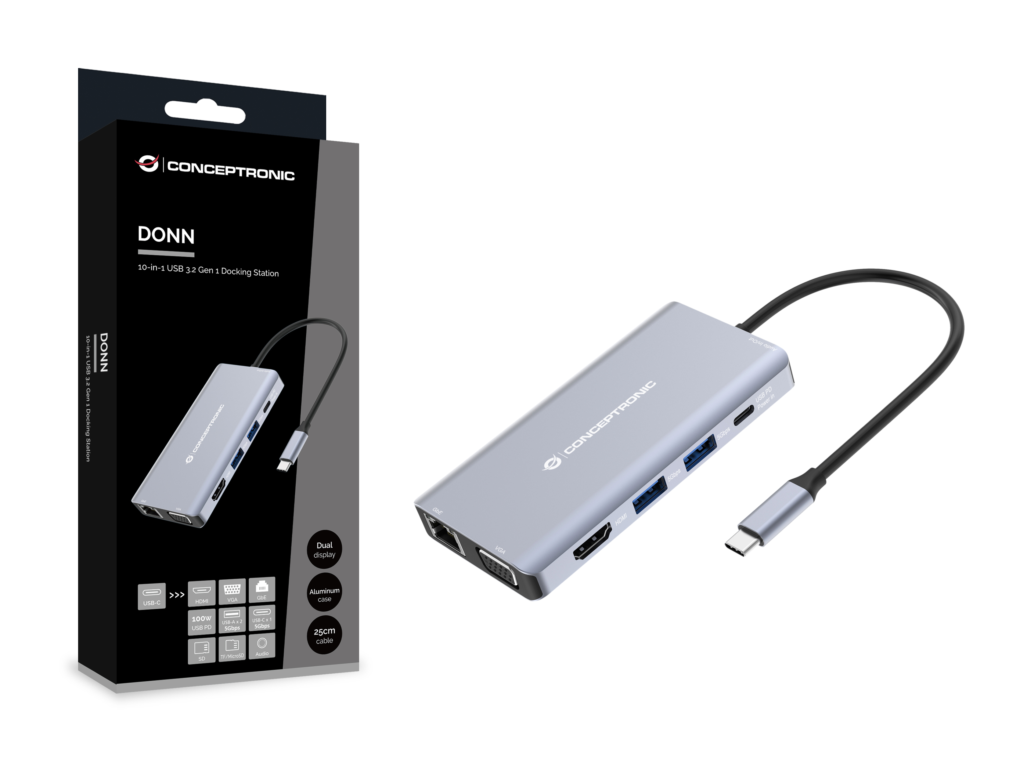 CONCEPTRONIC 10-1 Dock USB-C->HDMI/2xUSB-A/GbE/AUX/+ 25cm gr