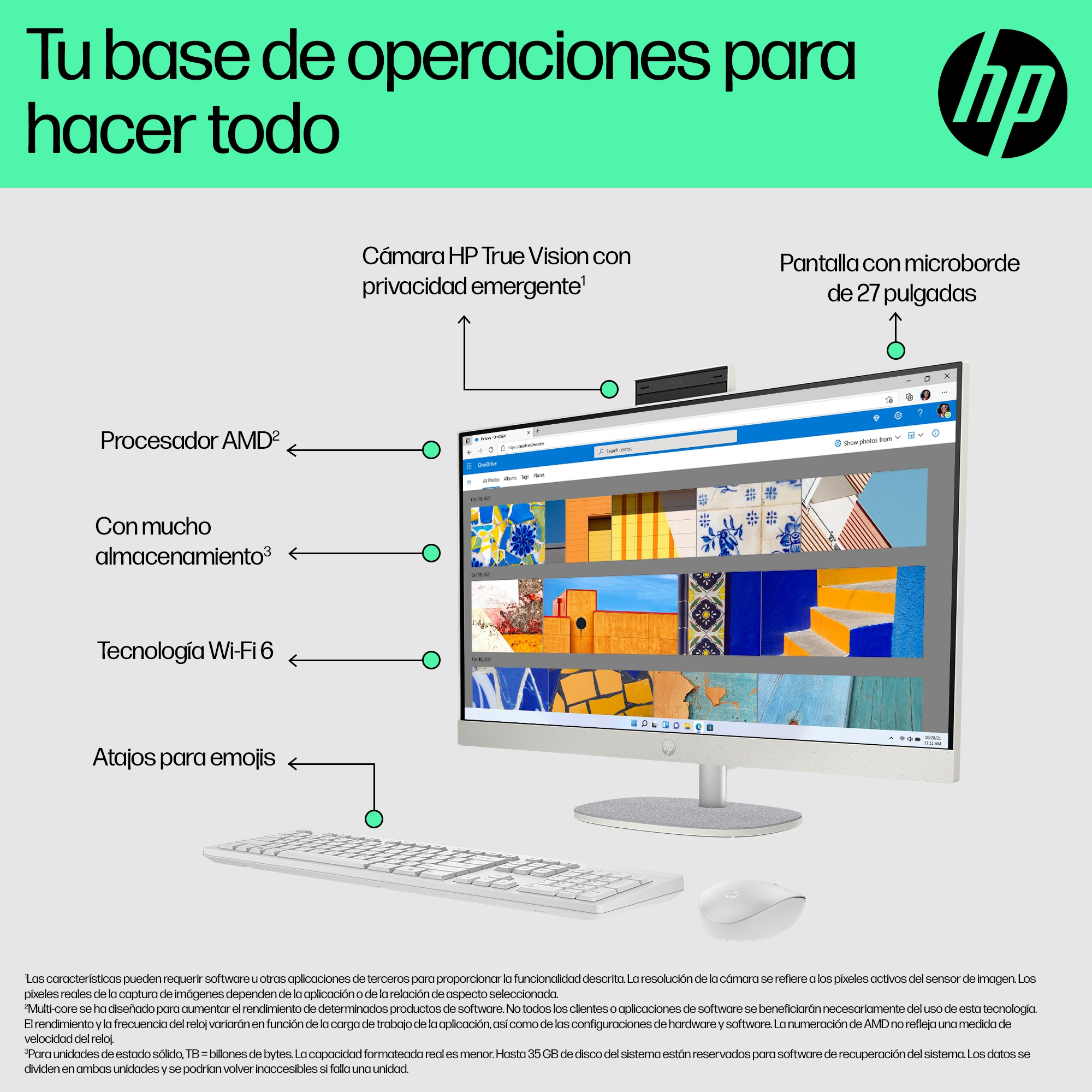 All in one - HP 27-cr0005ns, 27" Full HD, AMD Ryzen™ 5 7520U, 16GB RAM, 1TB SSD, Gráficos Radeon™, Sin sistema operativo, Blanco - imagen 8