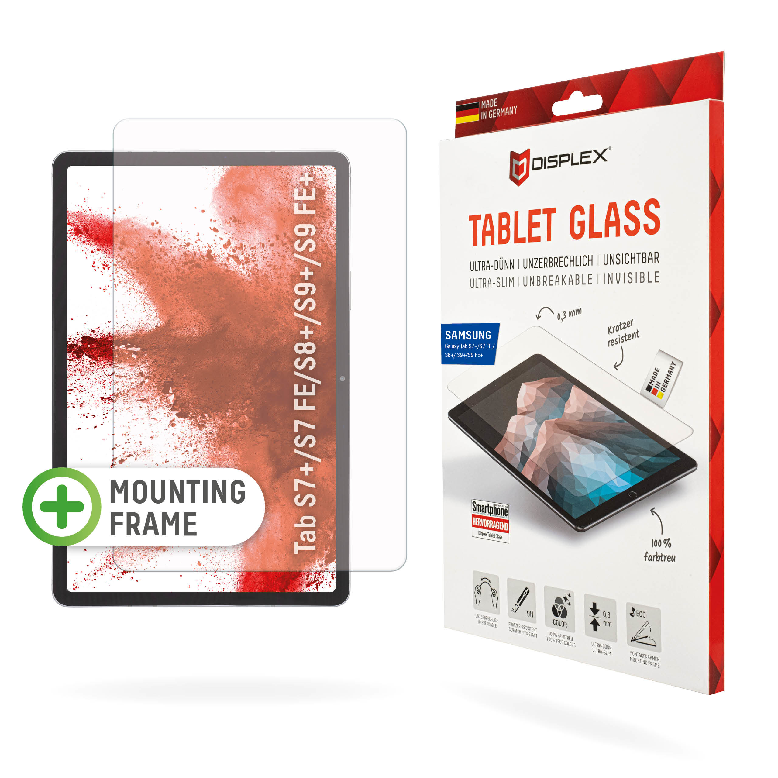 Displex Tablet Glass (9H) for Samsung Galaxy Tab S7+/S7 FE/S8+/S9+/S9 FE+, Eco Mounting Frame, unbreakable