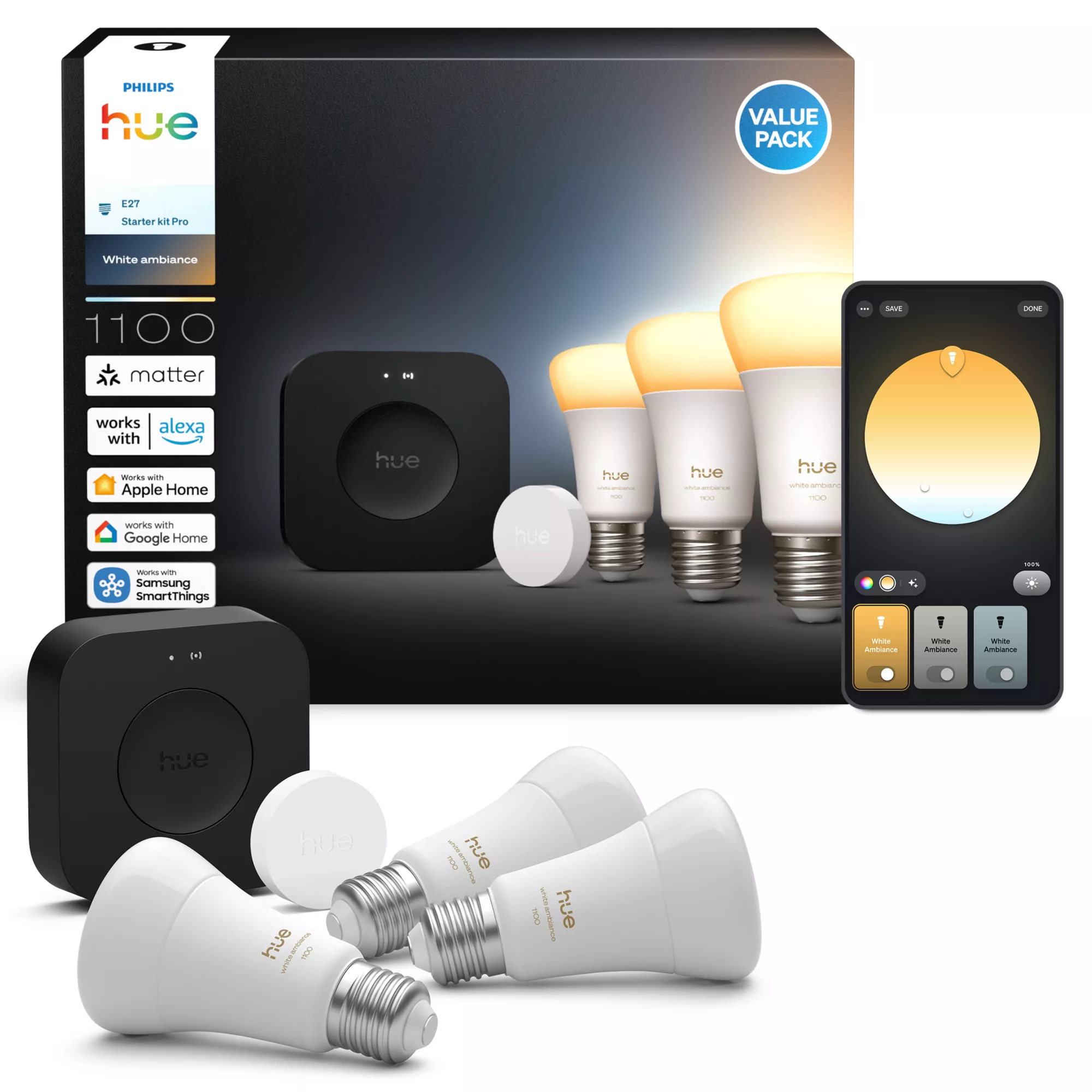 Philips by Signify Philips Hue White ambience Starterkit Pro: 3 E27 smart bulbs (1100) + smart button – image 3