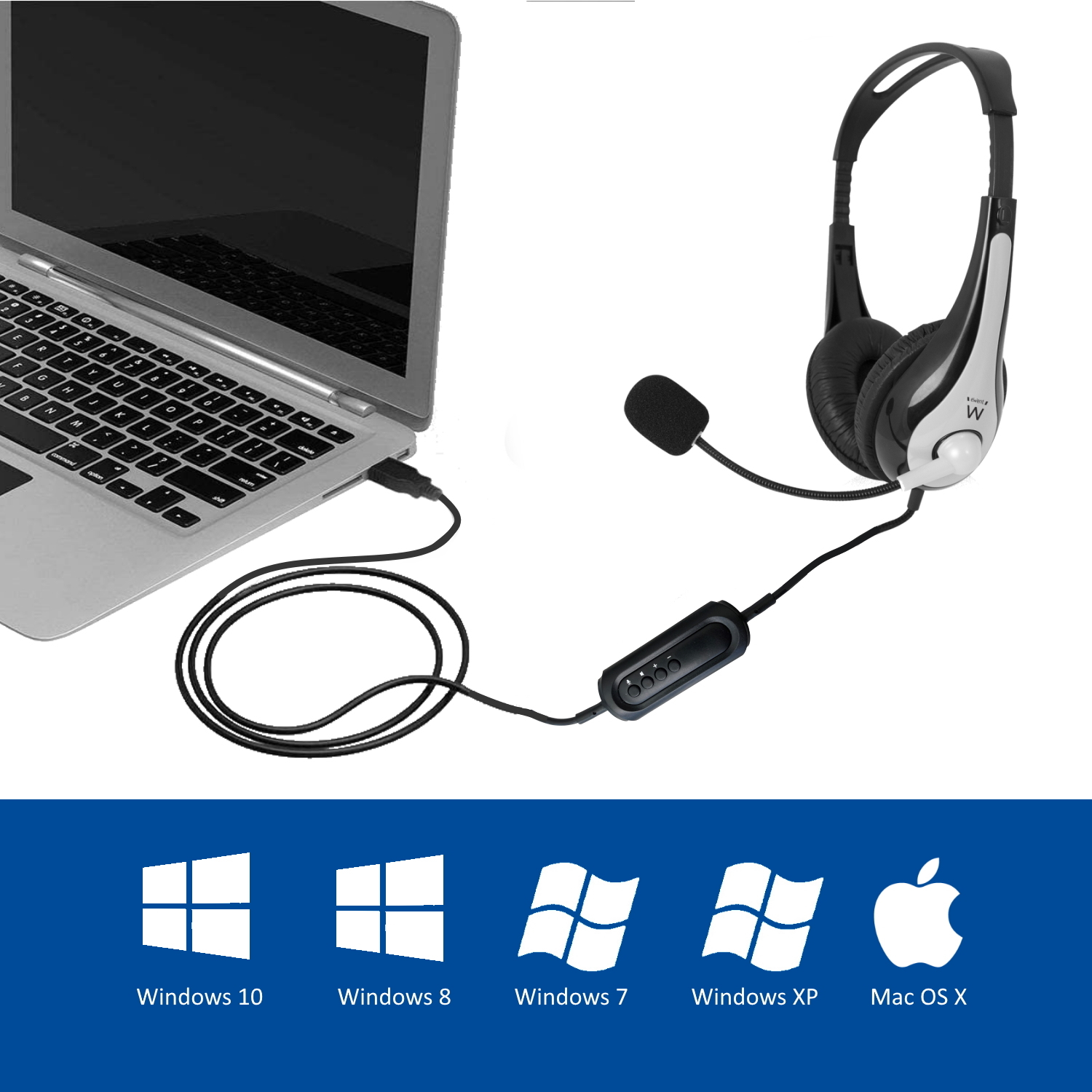 Ewent EW3565 headphones/headset Wired Head-band Calls/Music USB Type-A Black, White – image 5