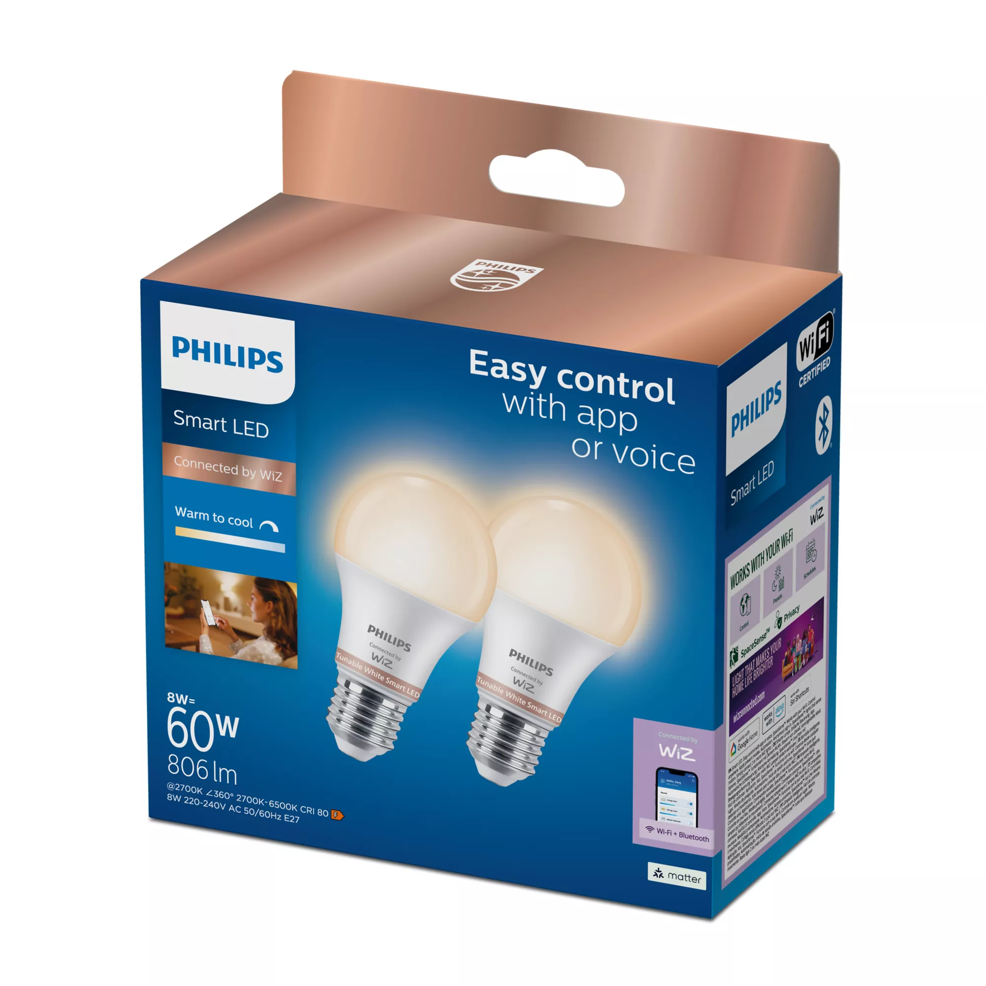 Philips by Signify Philips Smart LED A60 Bulb, E27 Base, 806 lm, 2-Pack – image 2