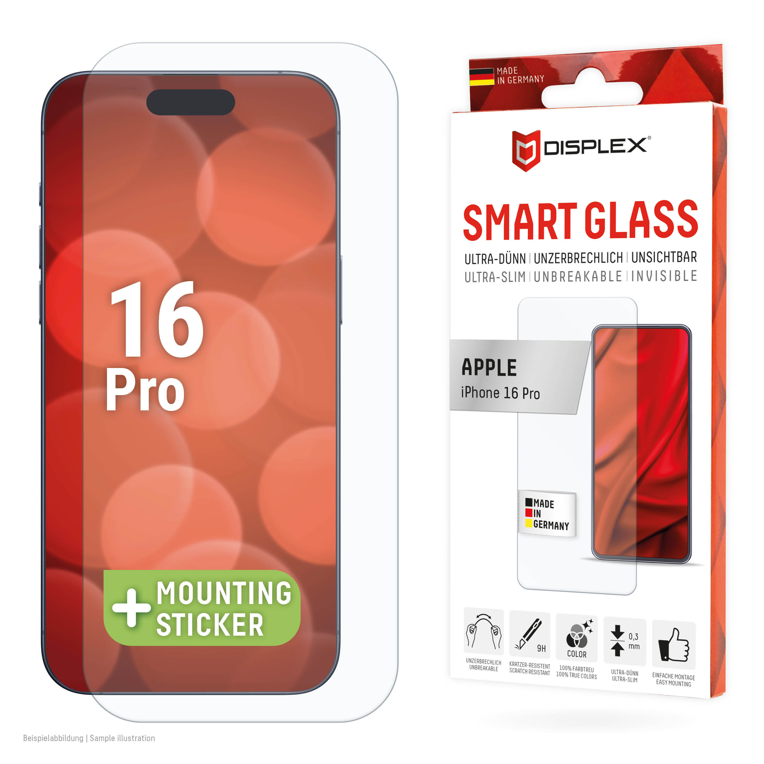 Displex Smart Glass (9H) for Apple iPhone 16 Pro, Mounting Sticker, unbreakable