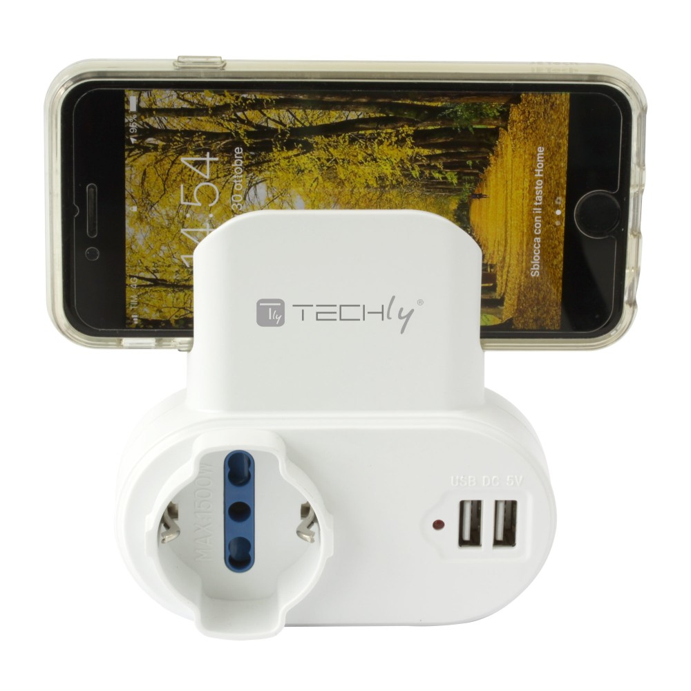 Techly Adapter 2-socket / Schuko 2 USB 1A Socket with Smartphone Holder – image 1