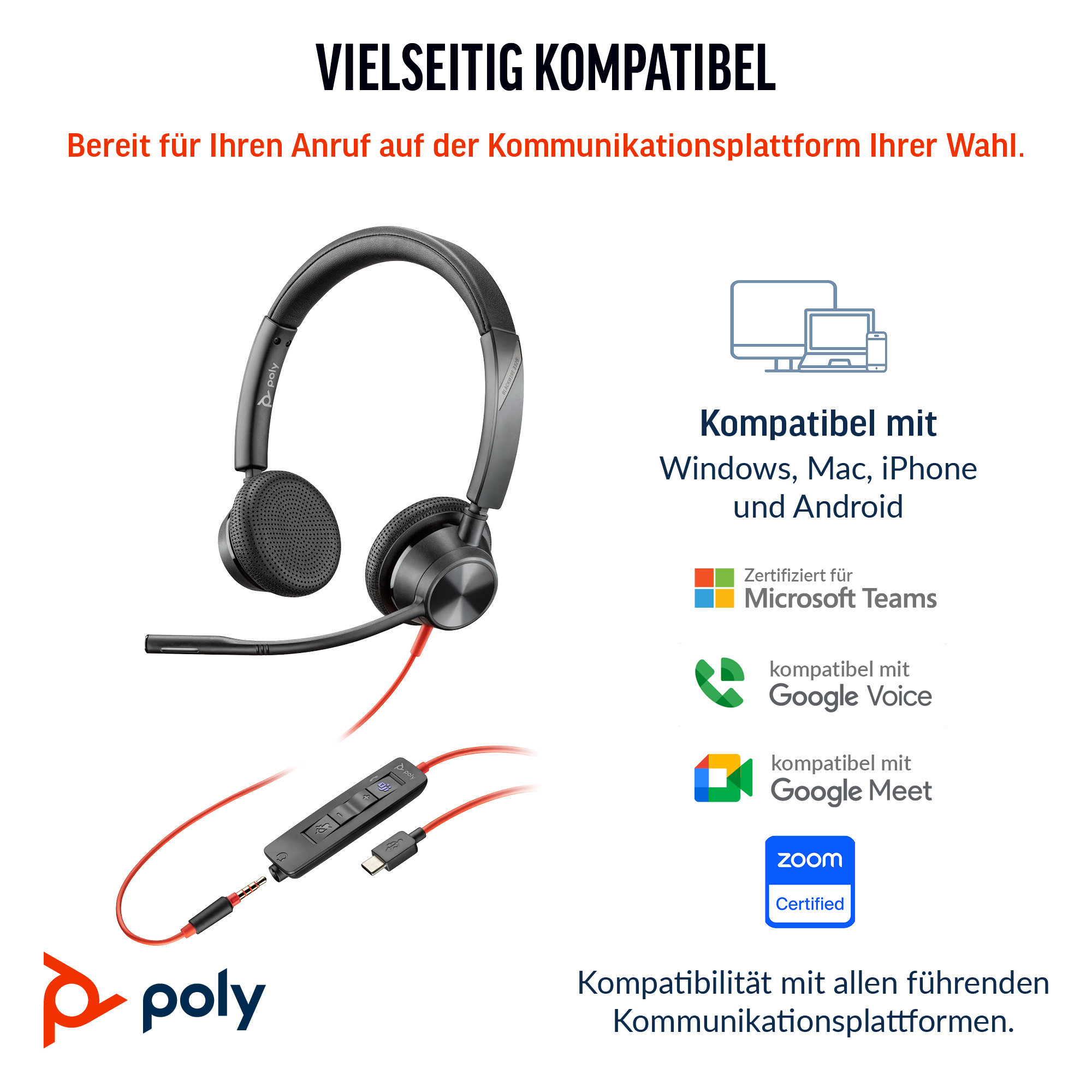 Blackwire 3325 USB-C Stereo-Headset, zertifiziert für Microsoft Teams, + 3,5-mm-Stecker + USB-C/A-Adapter