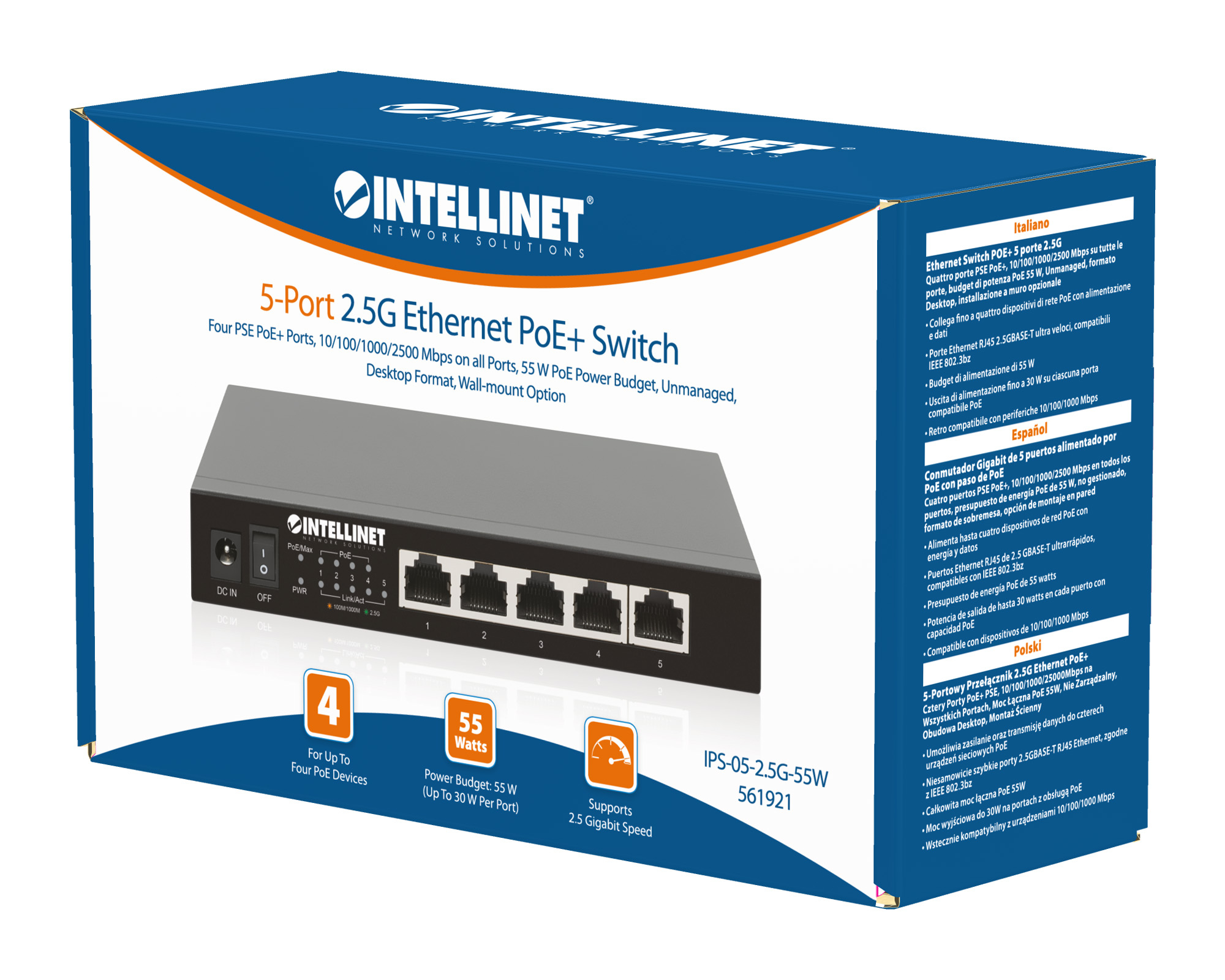 Intellinet 5-Port 2.5G Ethernet PoE+ Switch Four PSE PoE+ Ports, 10/100/1000/2500 Mbps on all Ports, 55 W PoE Power Budget, Unmanaged, Desktop Format, Wall-moun – image 8