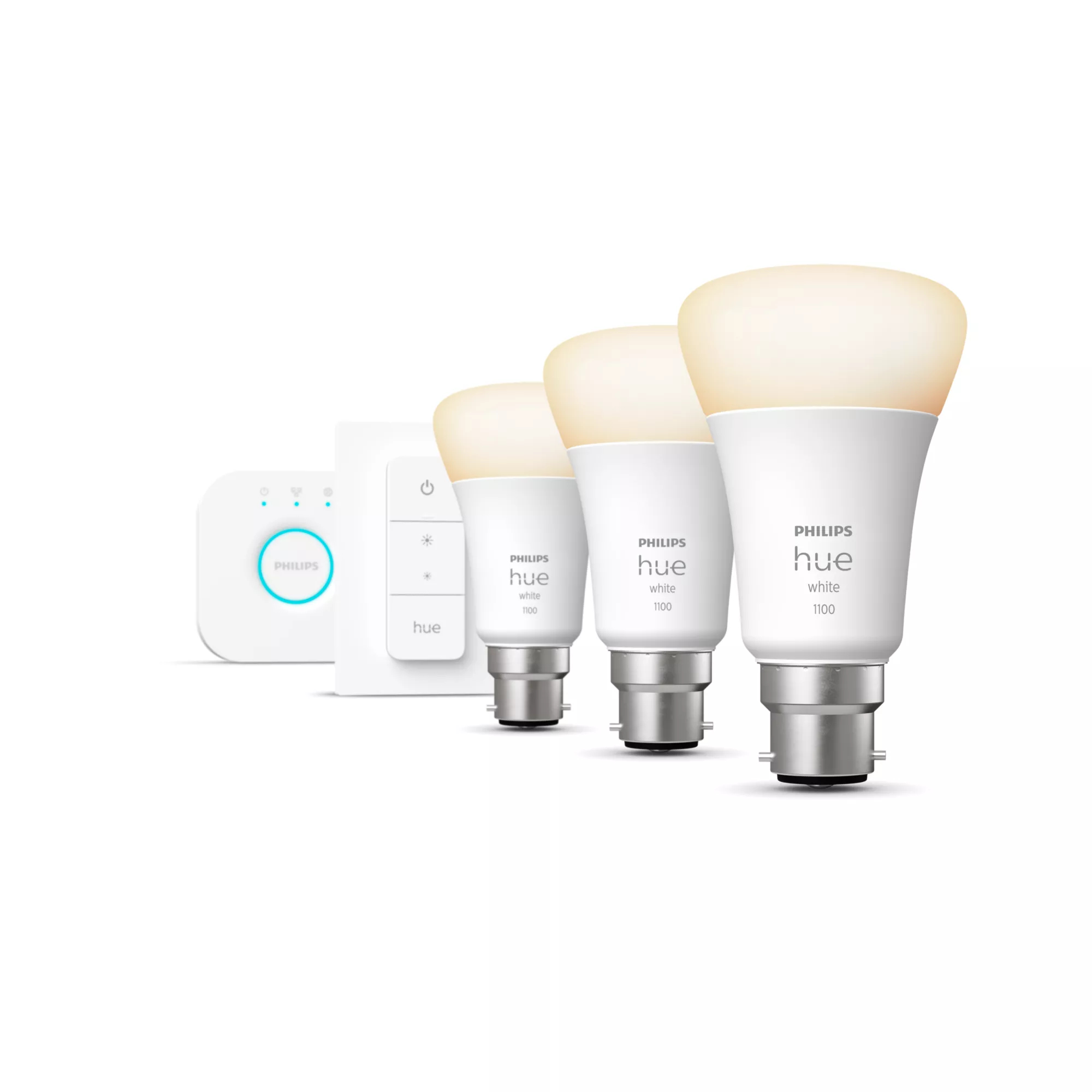Philips by Signify Philips Hue White Starter kit: 3 B22 smart bulbs (1100) + dimmer switch