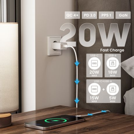 Ewent 20W GaN Fast USB-C PD and USB-A QC Charger, Compact Design – image 4
