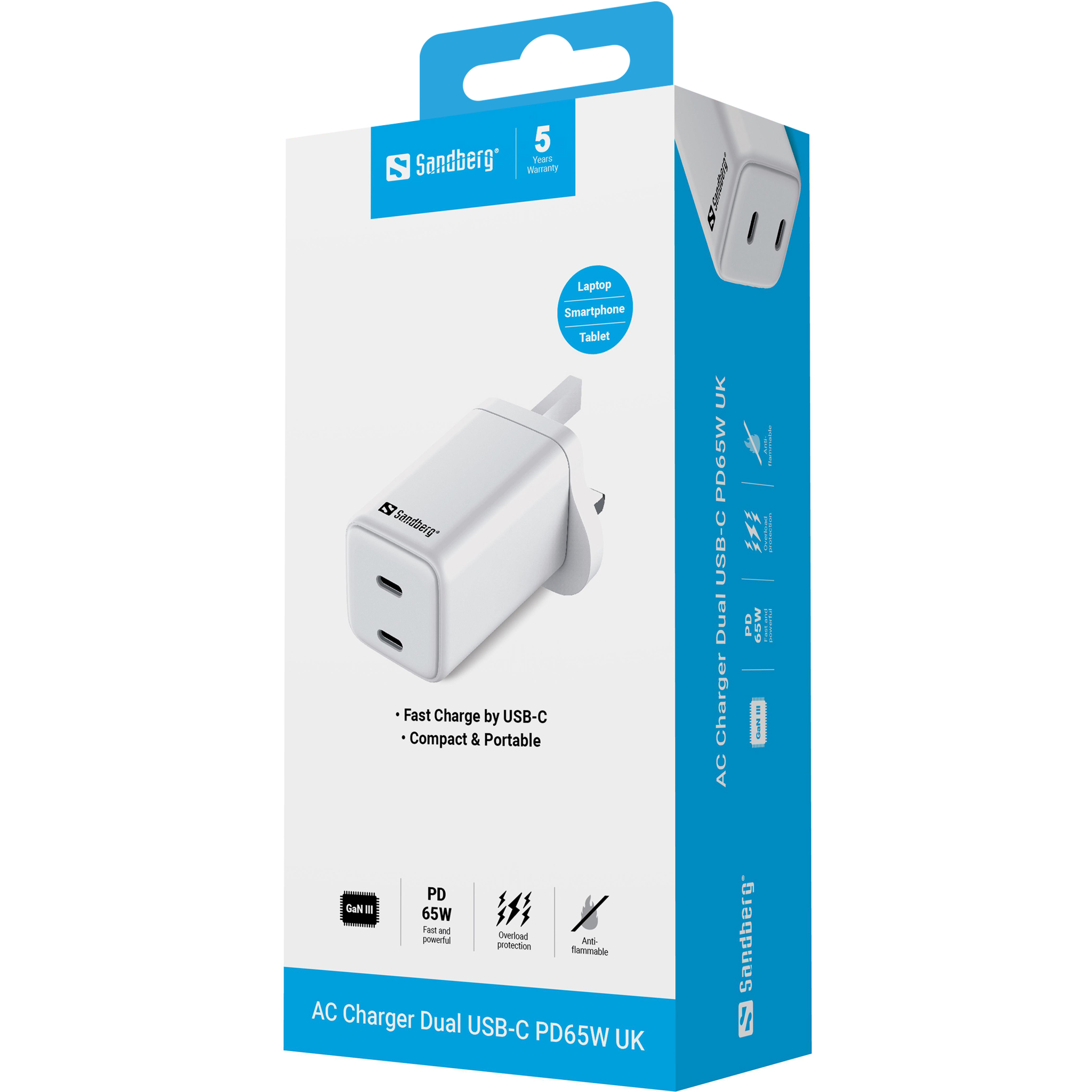 Resim Sandberg 441-62 AC Şarj Cihazı Çift USB-C PD65W UK - 65W Toplam Çıkış, Beyaz