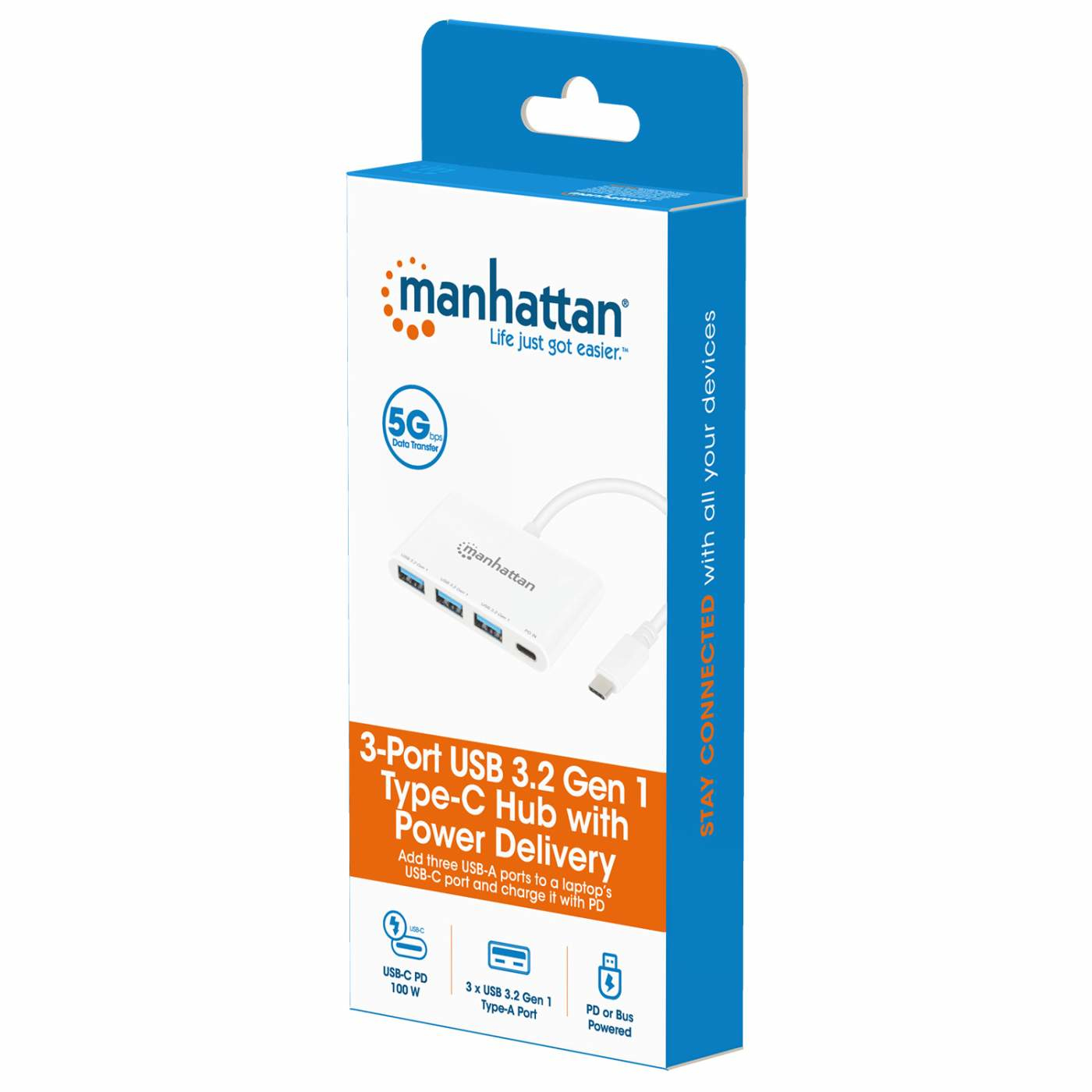 Manhattan USB-C Dock/Hub, Ports (4): USB-A (x3) and USB-C, 5 Gbps (USB 3.2 Gen1 aka USB 3.0), With Power Delivery (100W) to USB-C Port (Note additional USB-C wa – image 6
