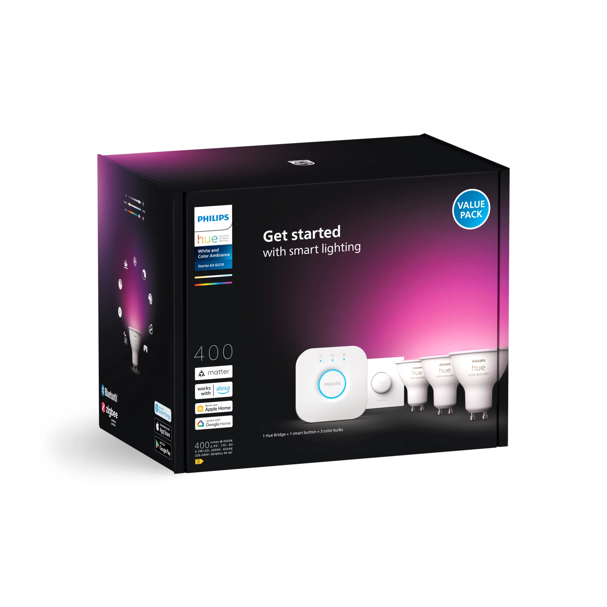 Philips by Signify Philips Hue White and colour ambience Starter kit: 3 GU10 smart spotlights + smart button – image 3