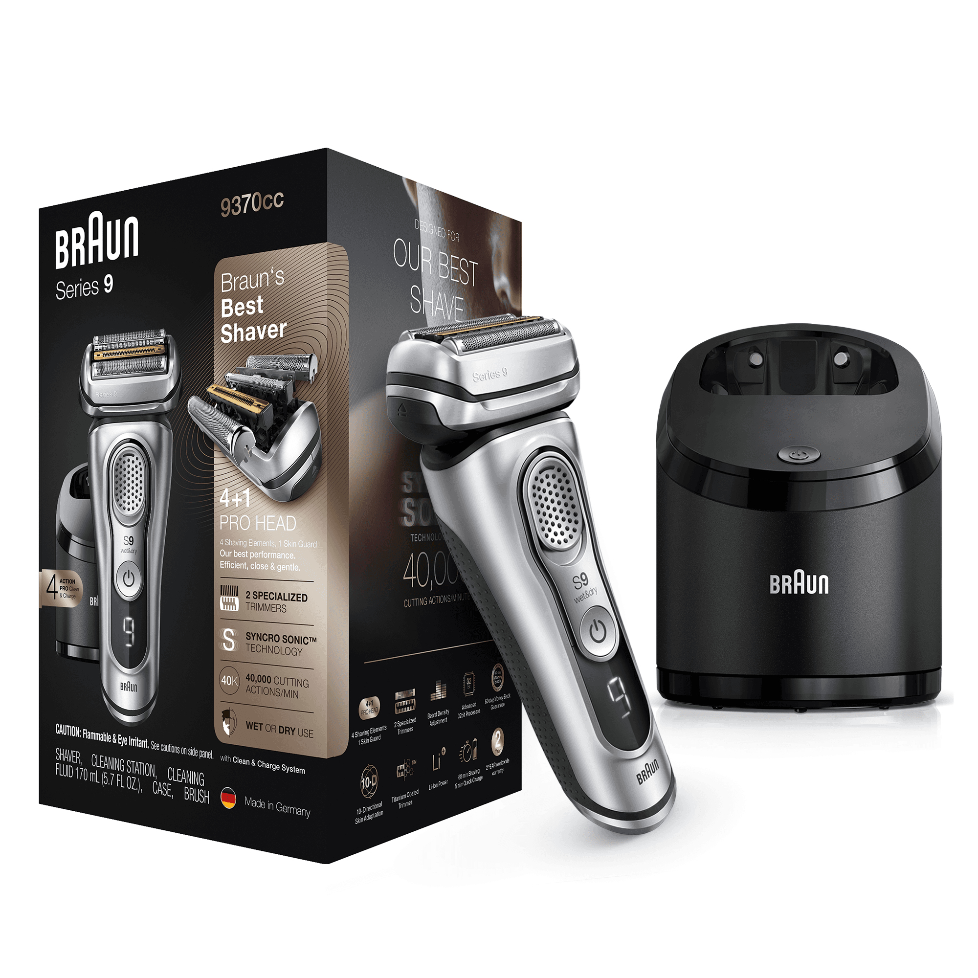 Braun Series 9 9370cc Latest Generation Electric Shaver, Clean&Charge Station, Fabric Case, Silver – image 4
