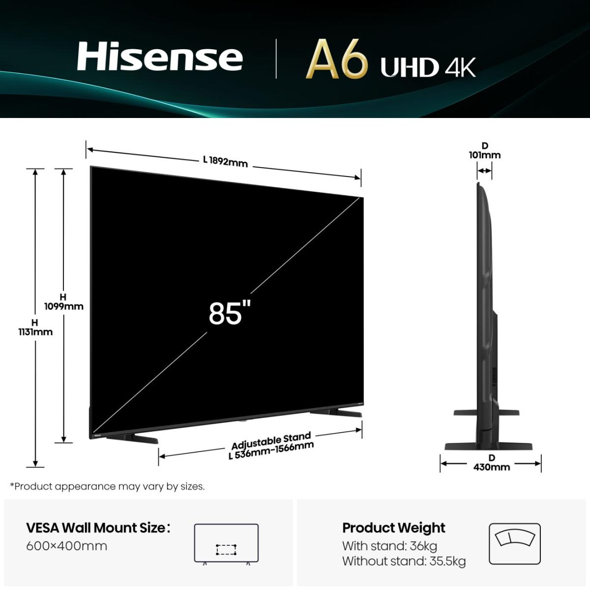 Hisense 85A6Q TV 2.16 m (85") 4K Ultra HD Smart TV Wi-Fi Black 400 cd/m² – image 2