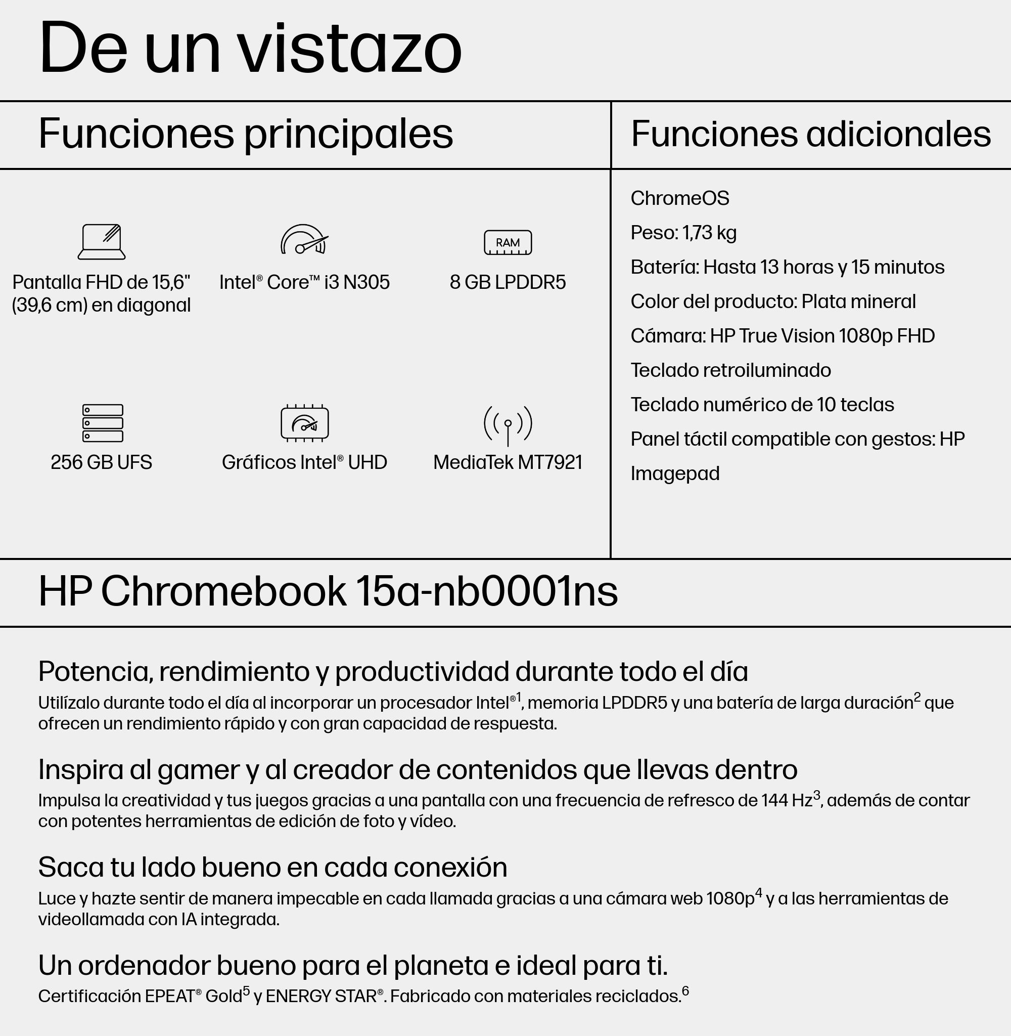 Portátil - HP Chromebook Plus 15a-nb0001ns, 15.6" Full HD, Intel® Core™ i3-N305, 8GB RAM, 256GB eMMC, UHD, Google ChromeOS - imagen 5