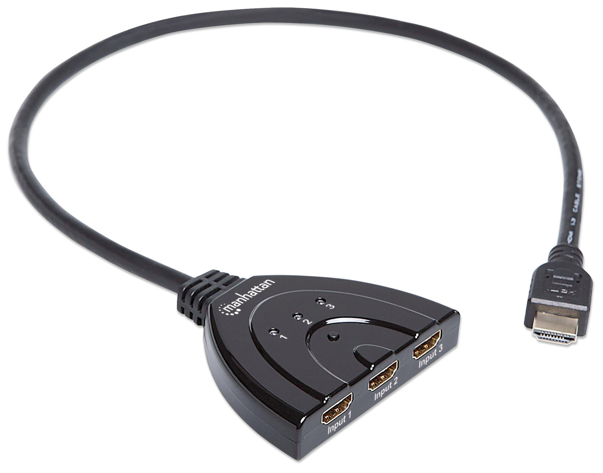 Manhattan HDMI Switch 3-Port, 1080p, Connects x3 HDMI sources to x1 display, Manual Switching (via button), Integrated Cable (58cm), No external power required,