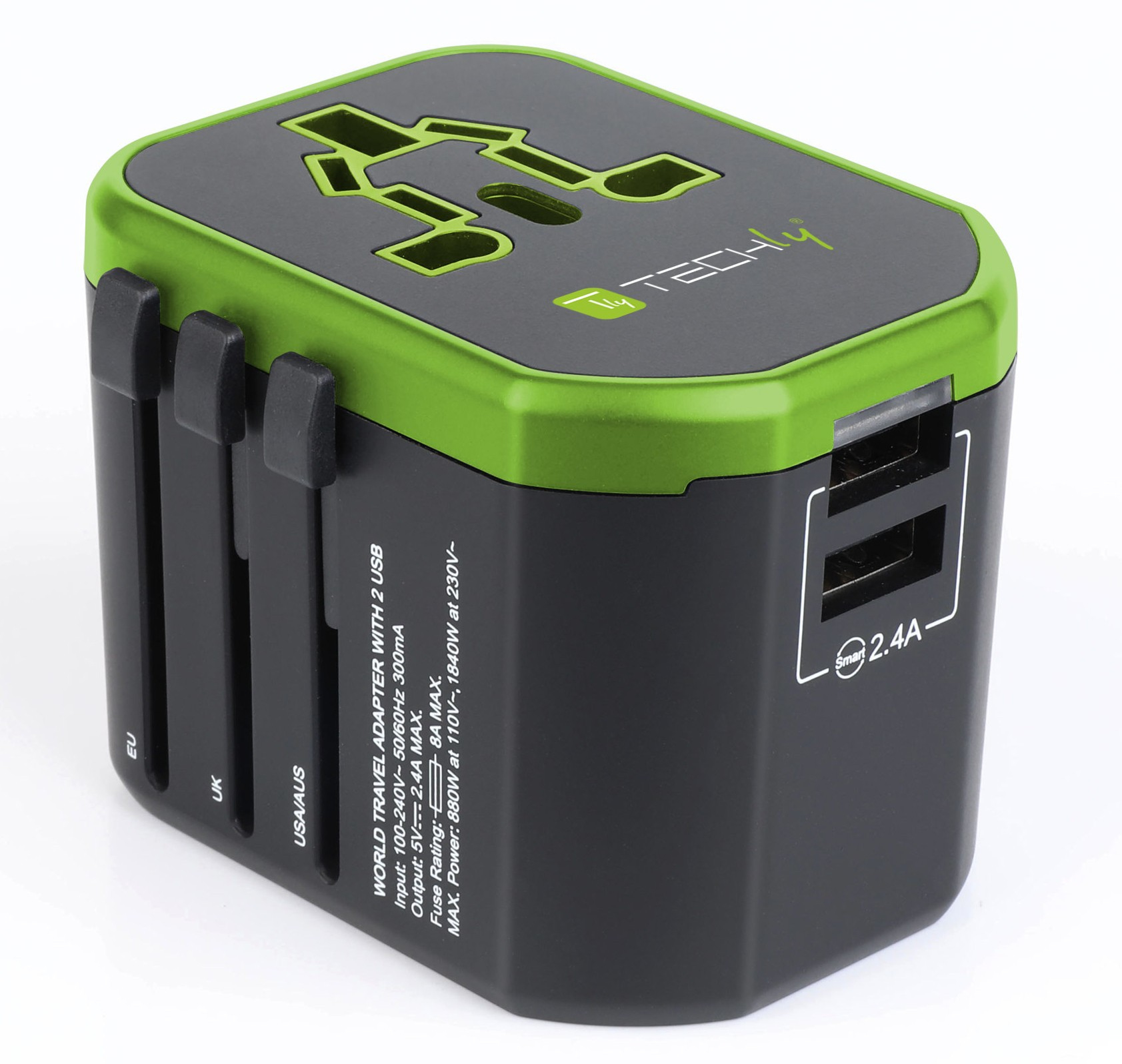 Techly Travel Adapter with 2 USB Ports 2.4A Black/Green