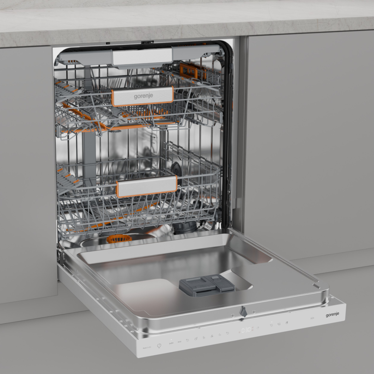 Gorenje G600 Denna integrerade diskmaskin för underbyggnad har plats för upp till 16 kuverter i en tyst och energieffektiv design som smälter in sömlöst i köket – image 3