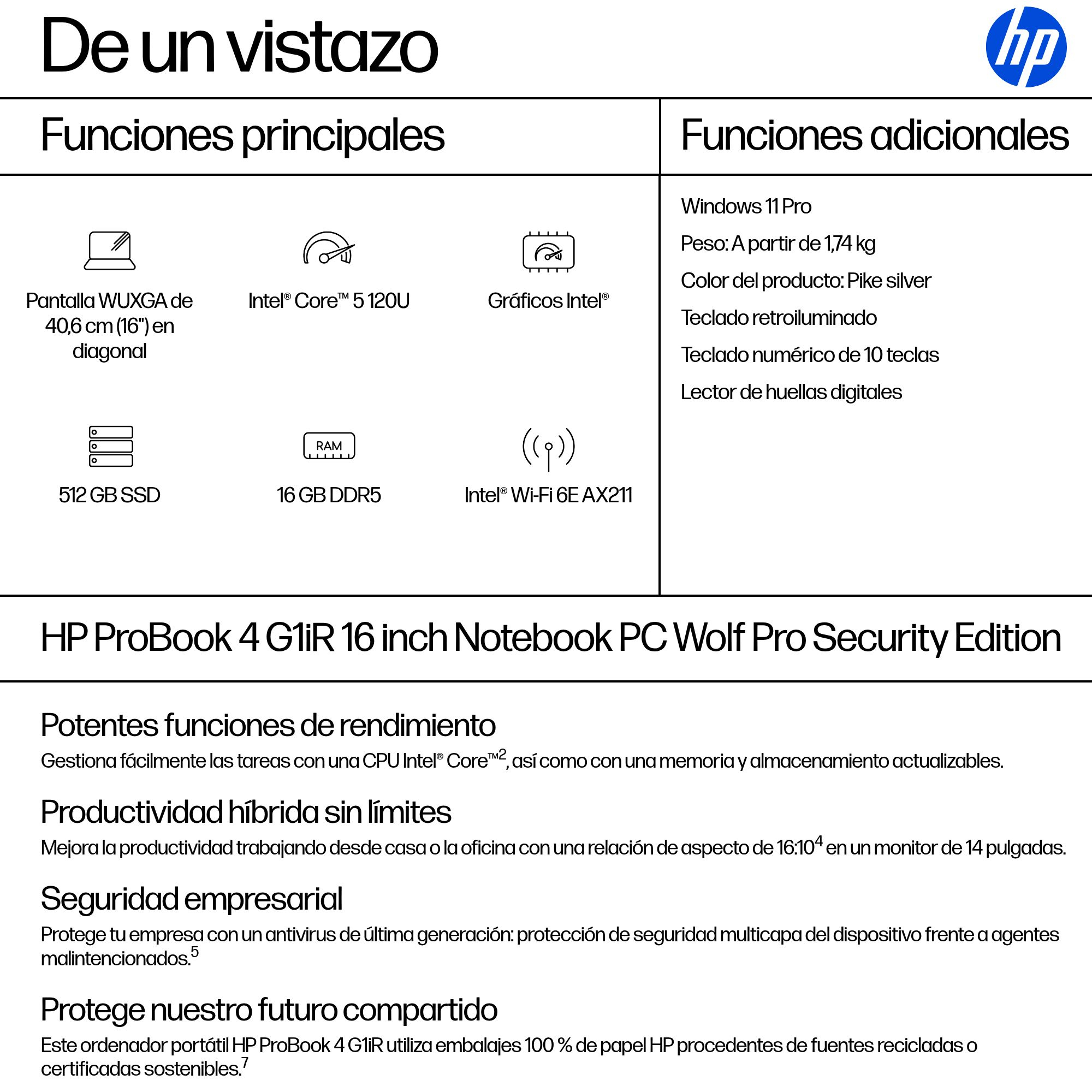 Portátil - HP ProBook 4 G1iR 16" WUXGA, Intel® Core™ 5 120U, 16 GB DDR5, 512 SSD, UHD Graphics, Windows 11 Pro, Plateado - imagen 5