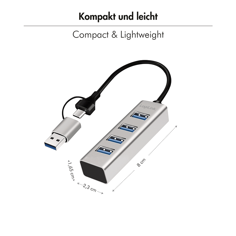 LogiLink USB 3.0 hub, 4x USB-A, 5 Gbit/s, 2-in-1 connection cable, silver – image 4