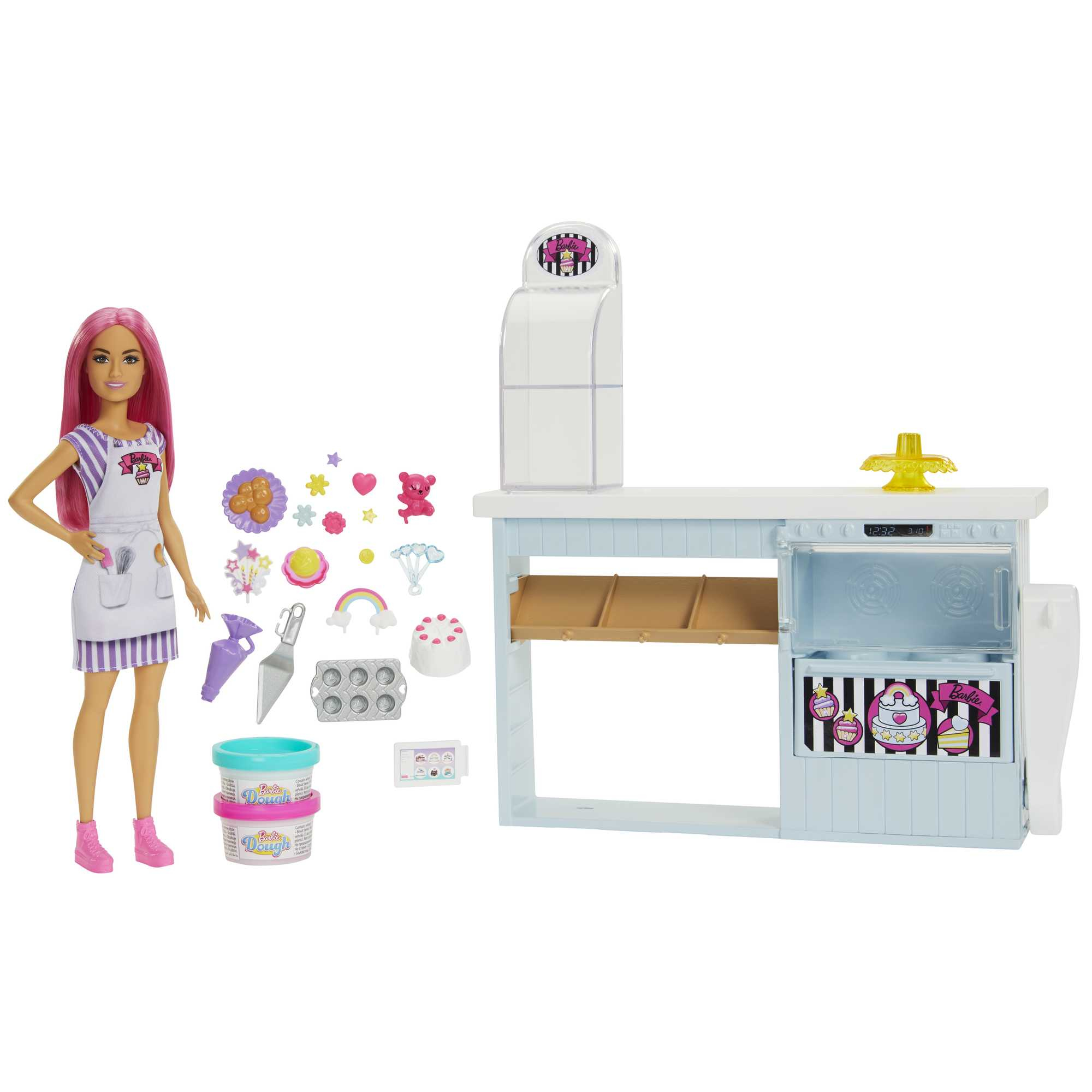 Barbie Bakery -leipomo, pienikokoinen nukke (n. 30,5 cm), vaaleanpunaiset hiukset, leivontasaareke, kakuntekotoiminto, yli 20 realistista osaa, 3 vuotta täyttäneille
