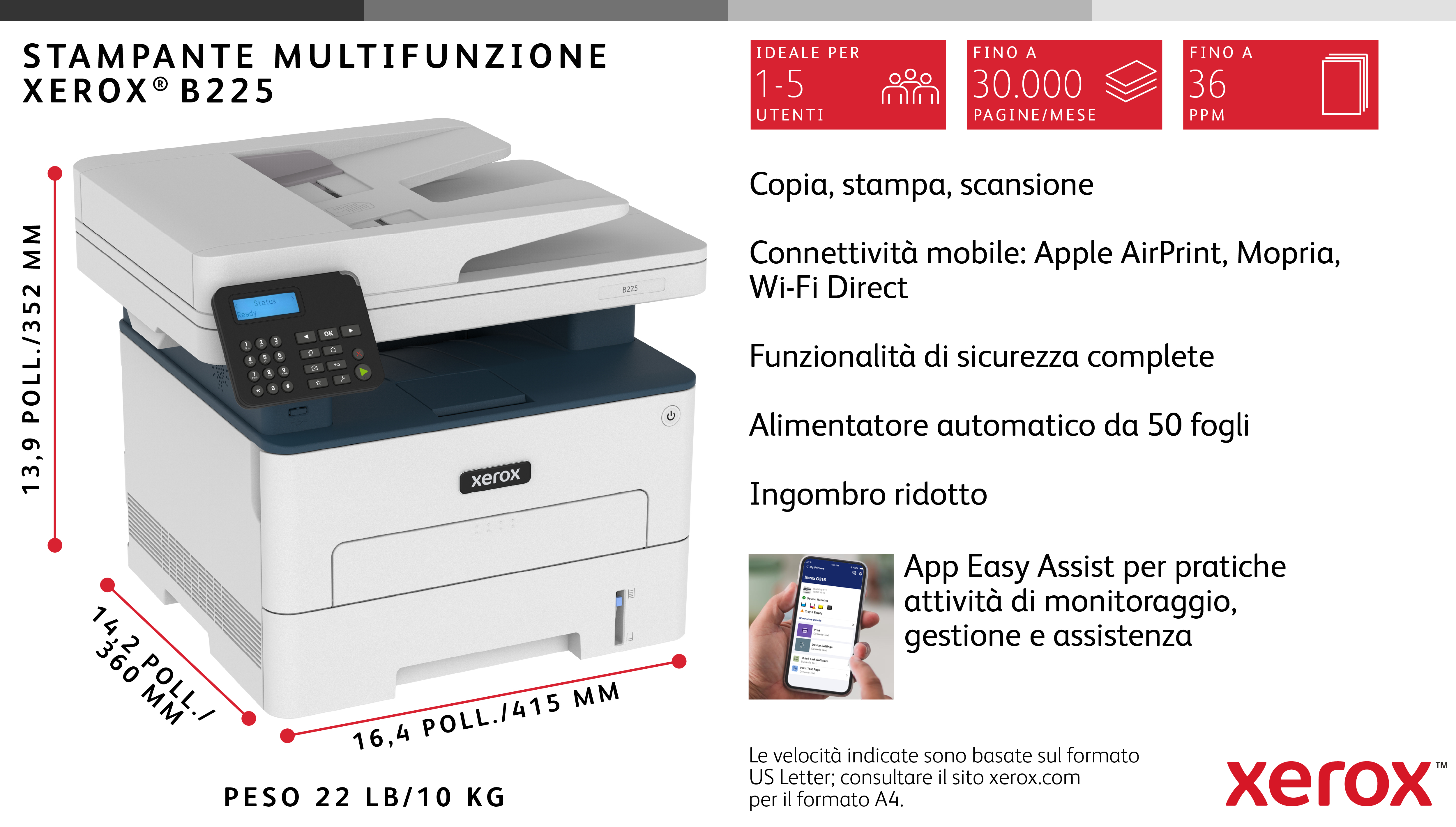 Xerox B225 A4 34 ppm Copia/Stampa/Scansione fronte/retro wireless PS3 PCL5e/6 ADF 2 vassoi Totale - Miniatura 7