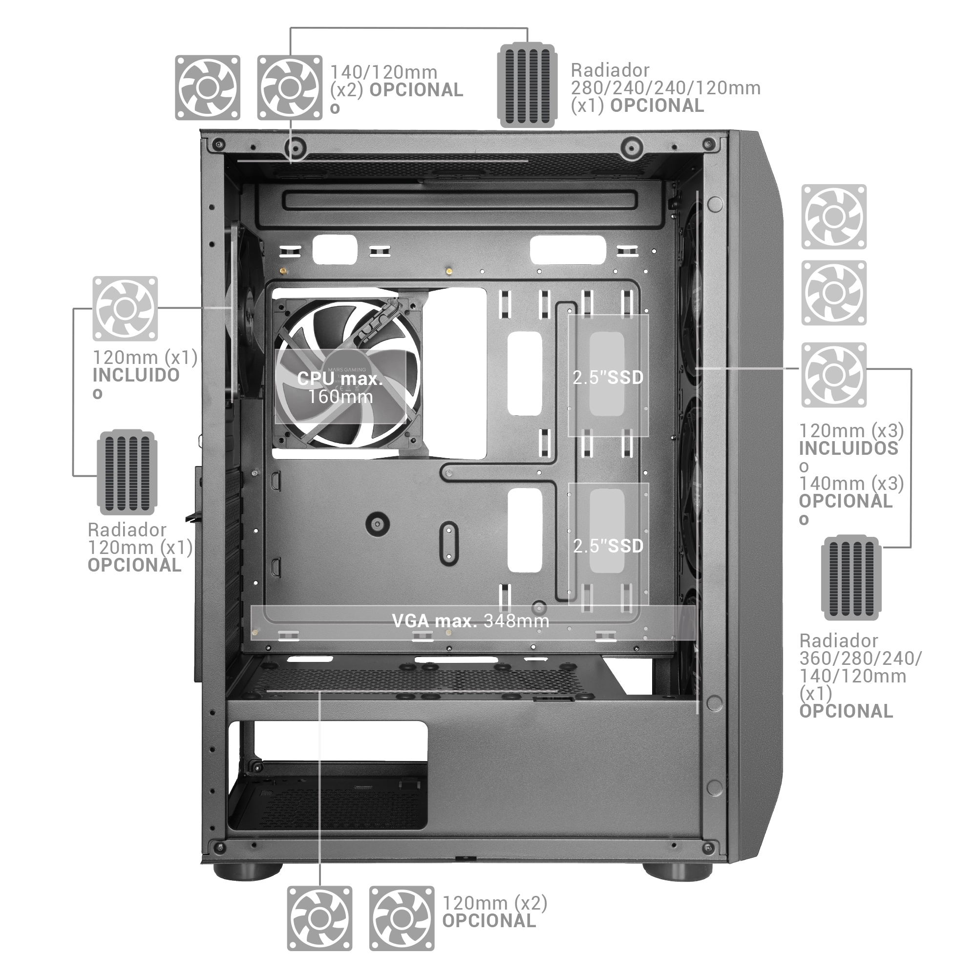 Mars Gaming MC-PRO2 Professional E-ATX Tower FREEZER CPU System 5 Ultra-quiet Fans and Metal-Mesh Front Black – image 6