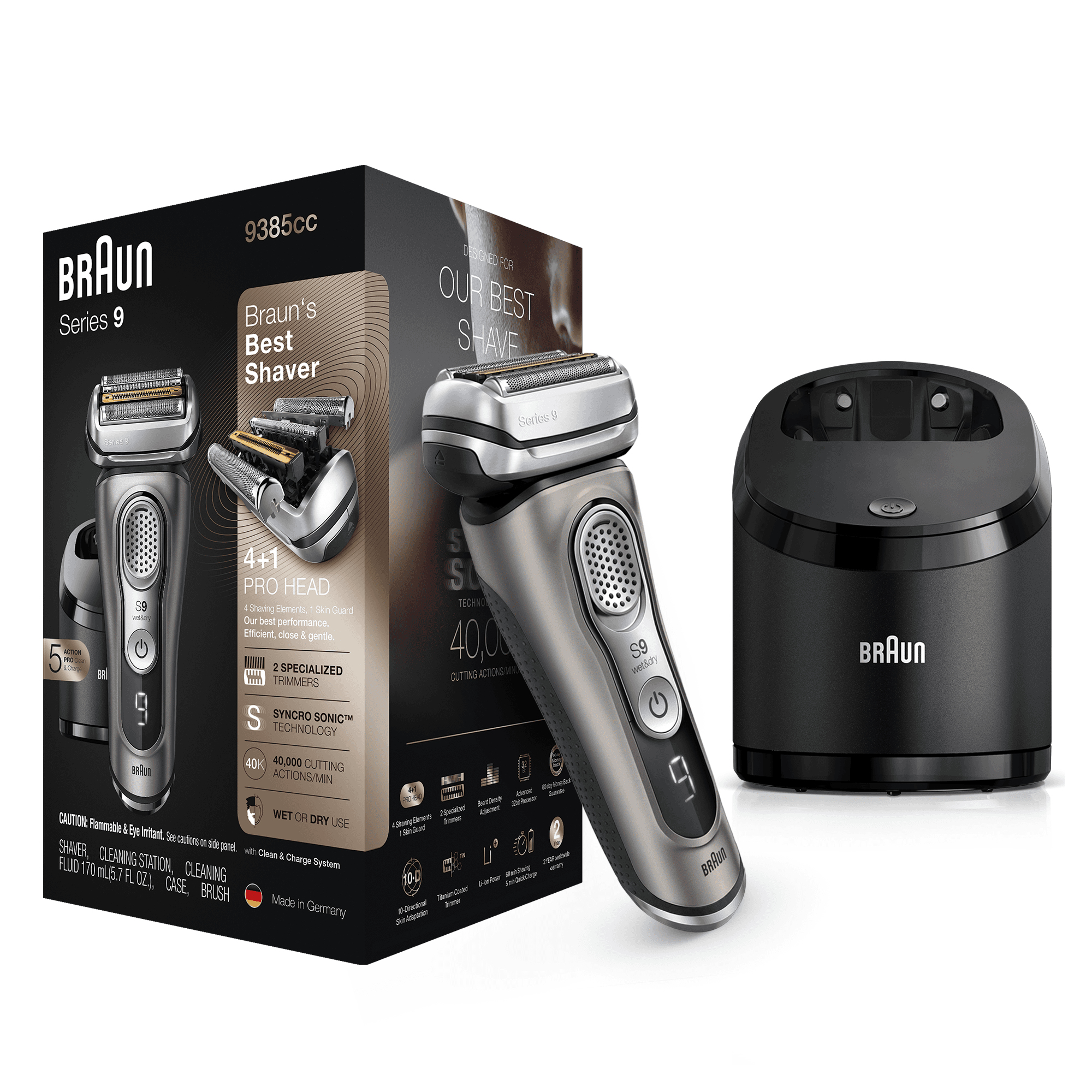Braun Series 9 9385cc Latest Generation Electric Shaver, Clean&Charge Station, Leather Case,Graphite – image 3