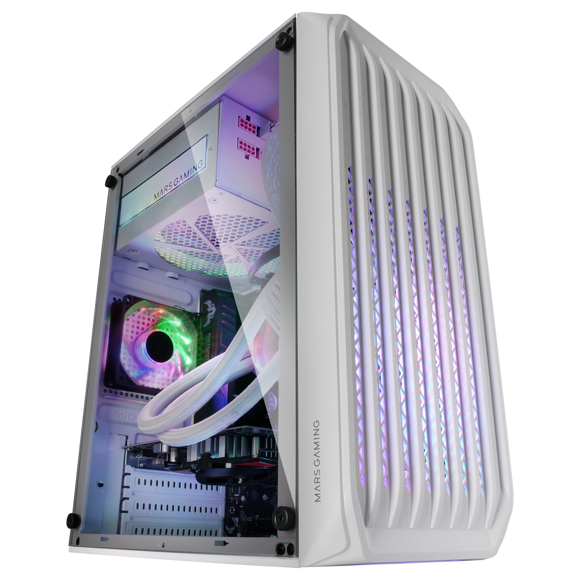 Mars Gaming MC-S2 White Compact Micro-ATX Gaming PC Case 2 FRGB Rainbow Fans with Front Grille Full Side Window – image 4