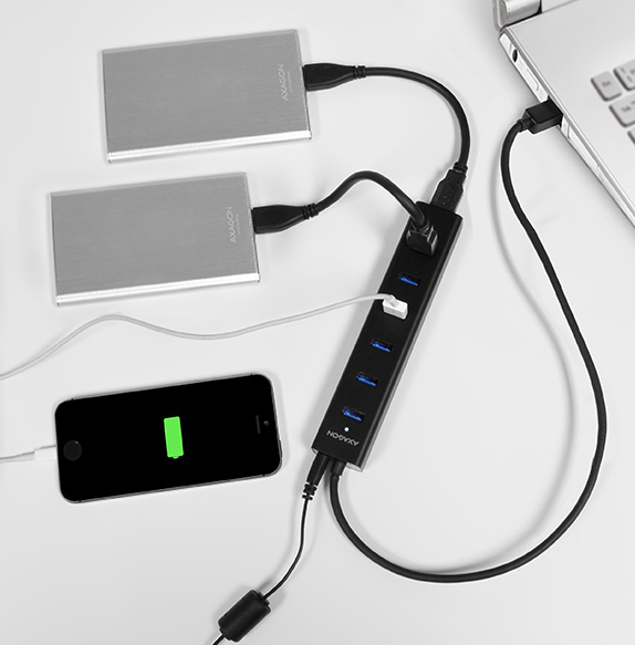 Axagon HUE-SA7BP 7x USB 3.0 ALU CHARGING hub BLACK incl. AC adapter – image 4
