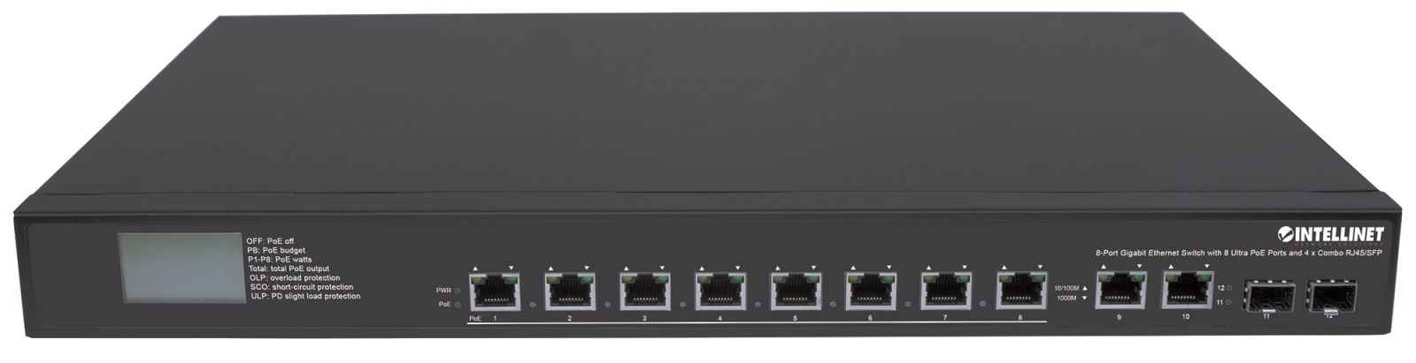 Intellinet 8-Port Gigabit Ethernet Ultra PoE Switch with 4 Uplink Ports and LCD Screen, 8 x PoE ports, IEEE 802.3bt Power over Ethernet (Ultra PoE), 2 x RJ45 Up – image 2