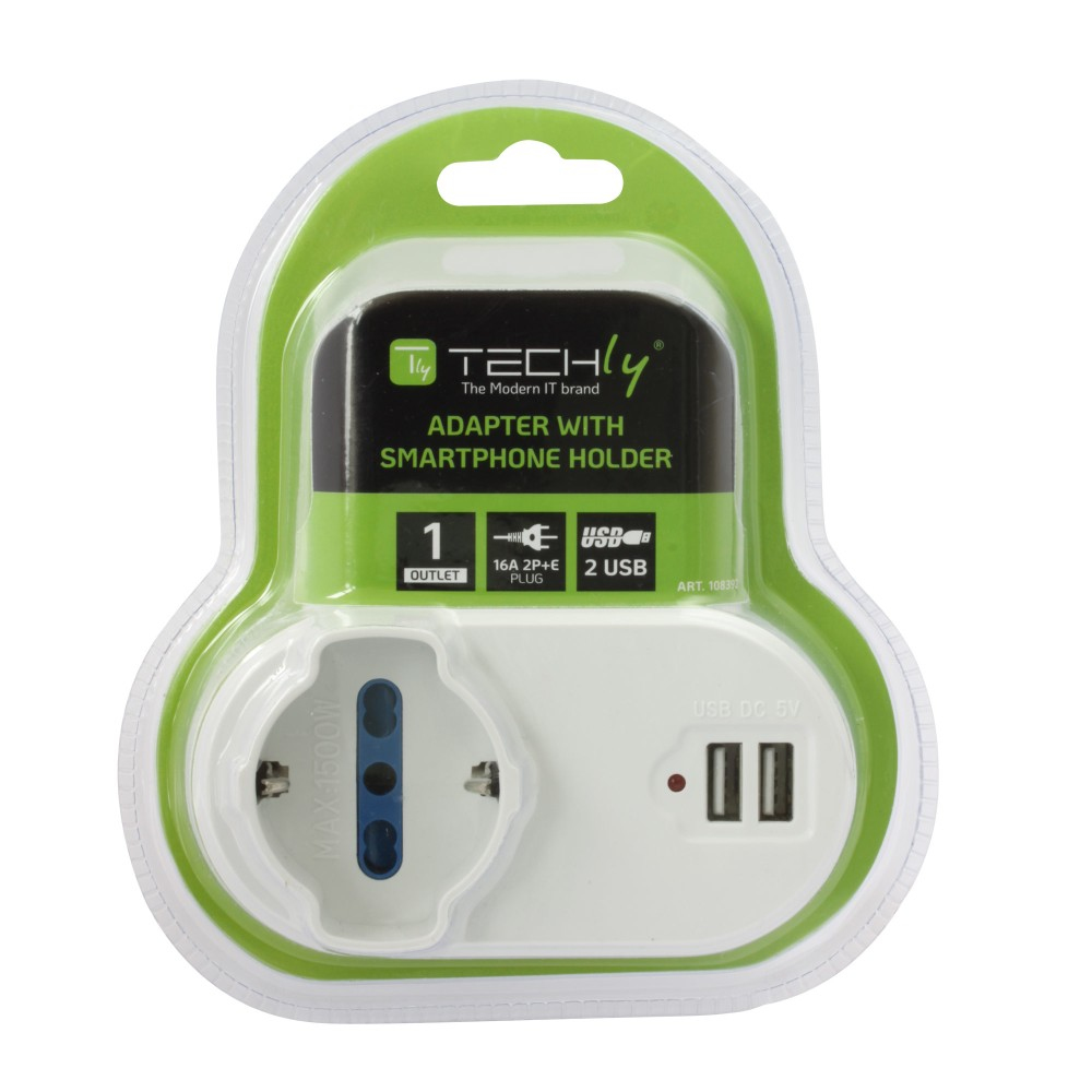 Techly Adapter 2-socket / Schuko 2 USB 1A Socket with Smartphone Holder – image 2