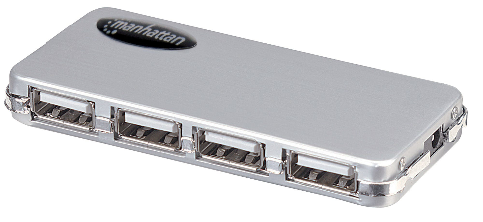 Manhattan USB-A 4-Port Micro Hub, 4x USB-A Ports, 480 Mbps (USB 2.0) AC Power, Hi-Speed USB, Silver, Three Year Warranty, Blister (With Euro 2-pin plug)