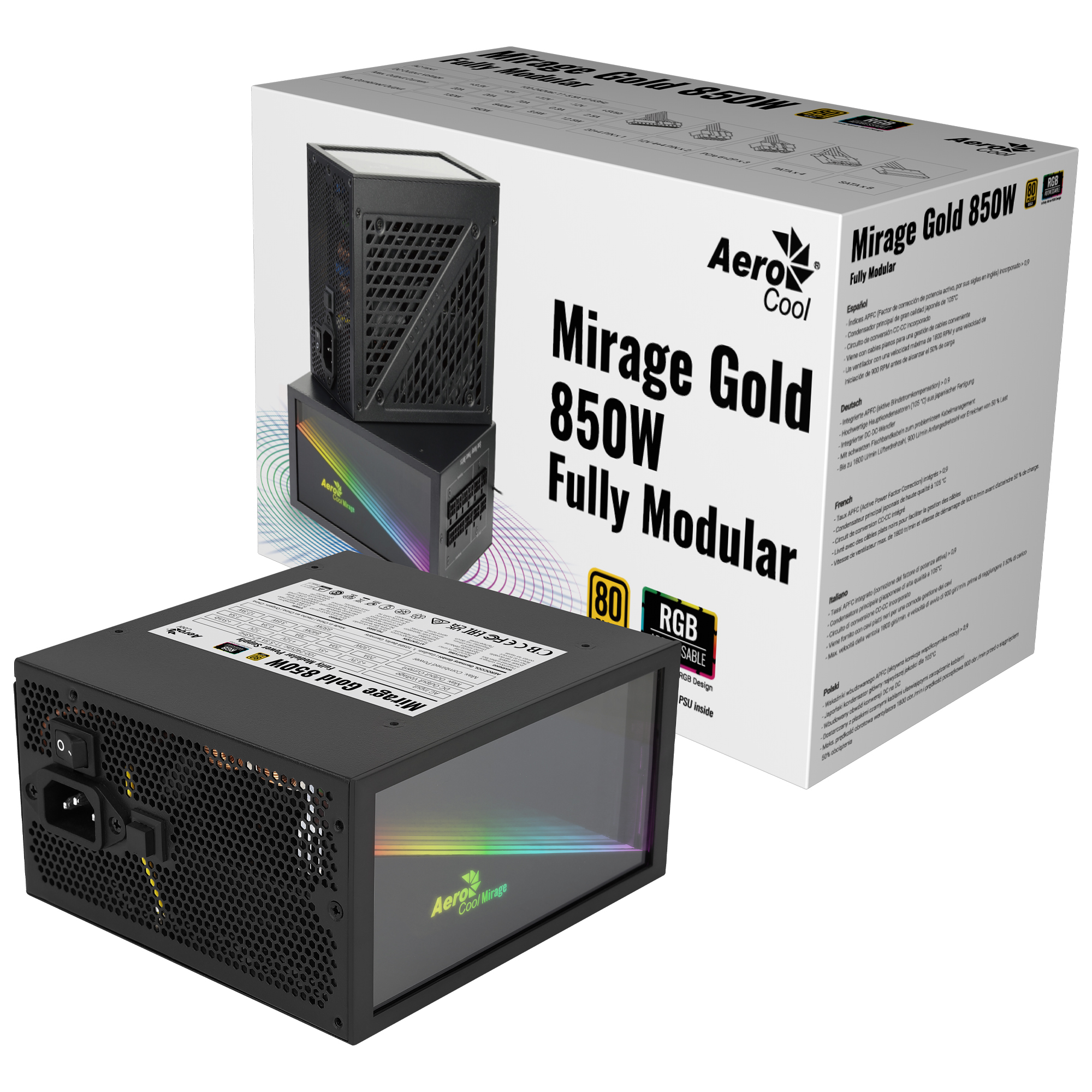 Aerocool MIRAGEGOLD 850W RGB 80 Plus Gold Modular PC Power Supply Japanese Capacitors – image 6