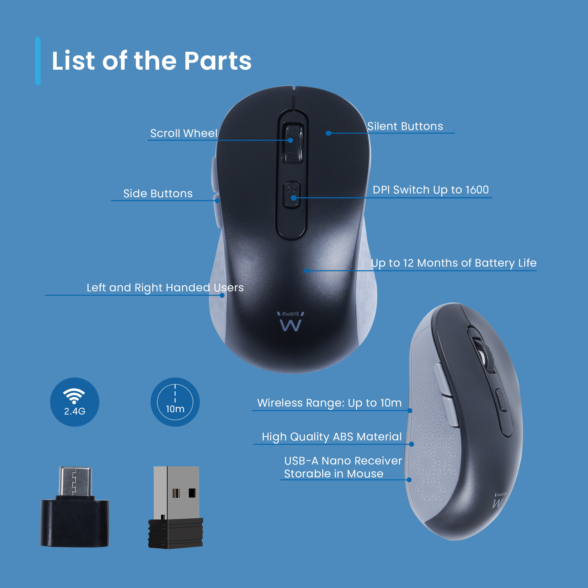 Ewent Wireless optical mouse 800-1200-1600dpi, Silent clicks and Type-C Adapter – image 5