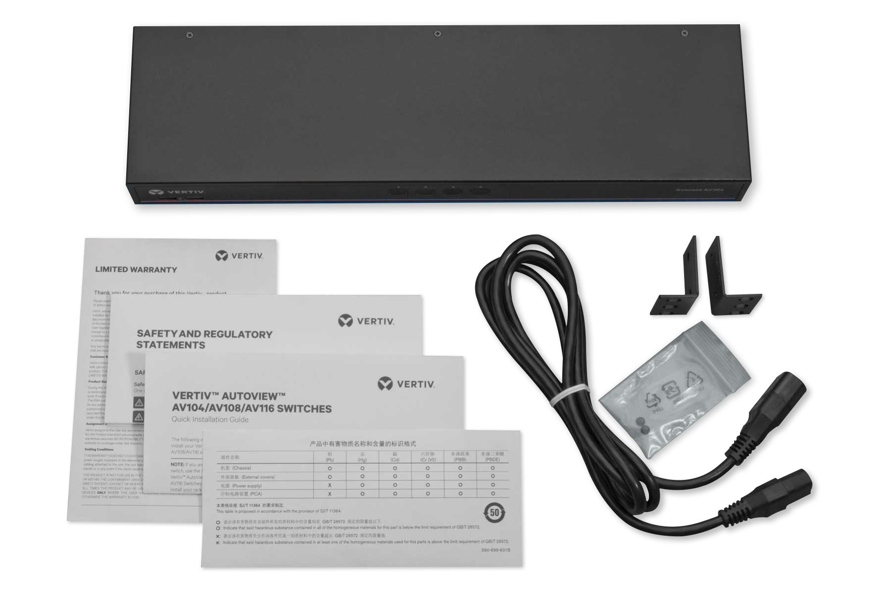 Vertiv Avocent 1x4 KVM switch with USB, push (touch) button switching, keystroke switching, cascade support, internal power supply, includes 4 CBL0170 cables – image 4