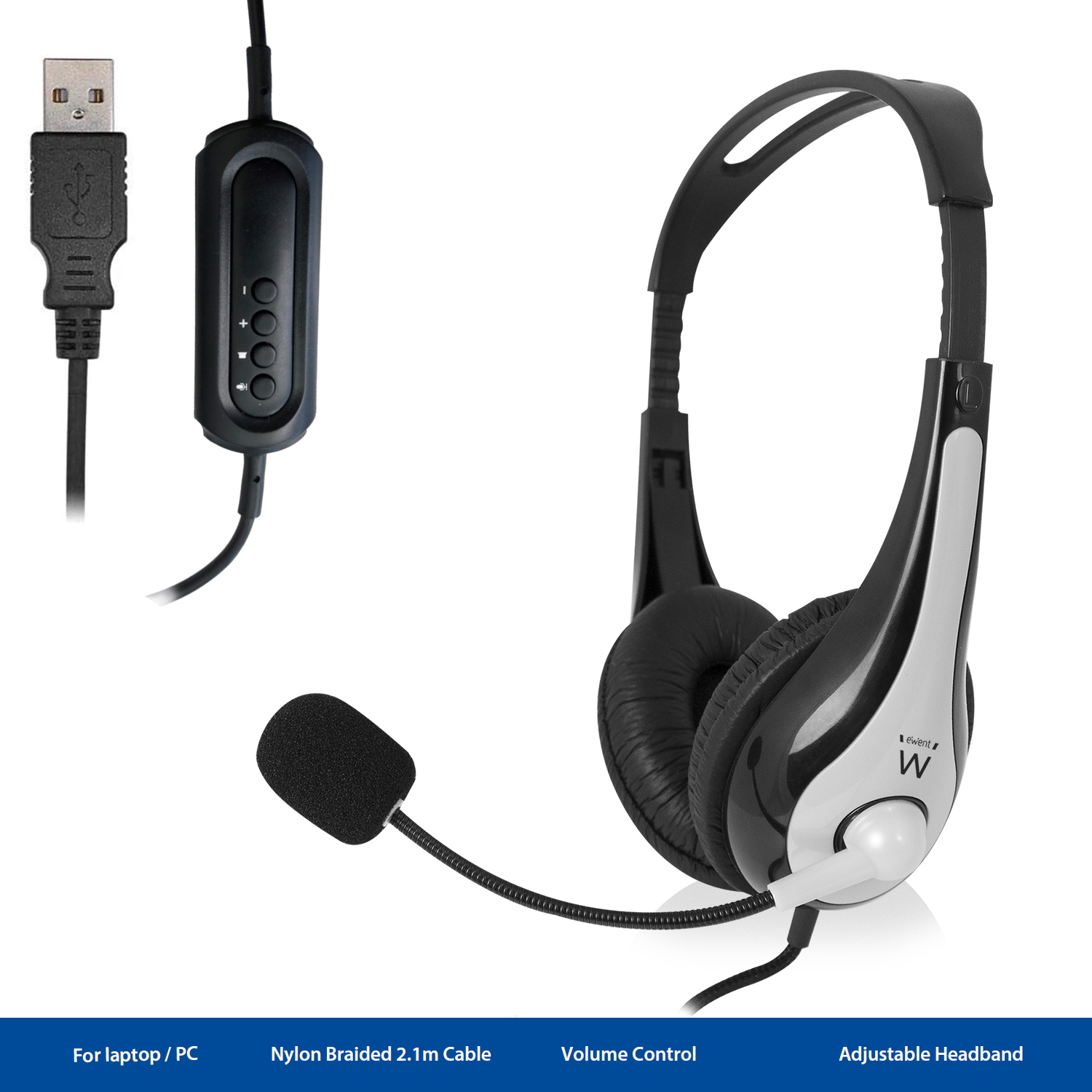 Ewent EW3565 headphones/headset Wired Head-band Calls/Music USB Type-A Black, White – image 3