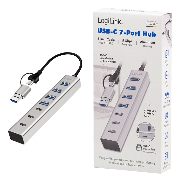 LogiLink USB 3.0 hub, 4x USB-A, 5 Gbit/s, 2-in-1 connection cable, silver – image 5