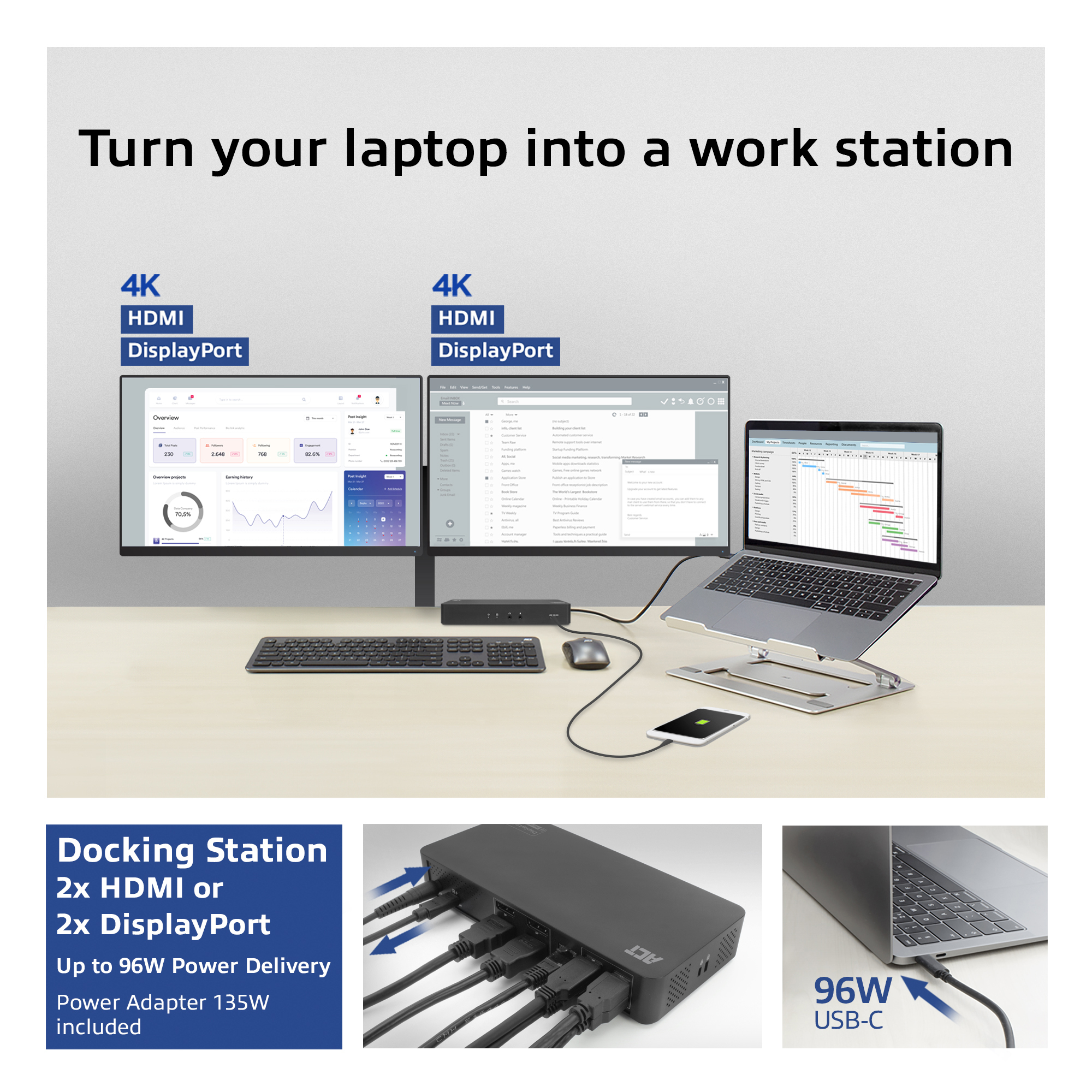 ACT USB-C Docking Station 4K, for 2 HDMI or DisplayPort monitors, DisplayLink – image 2
